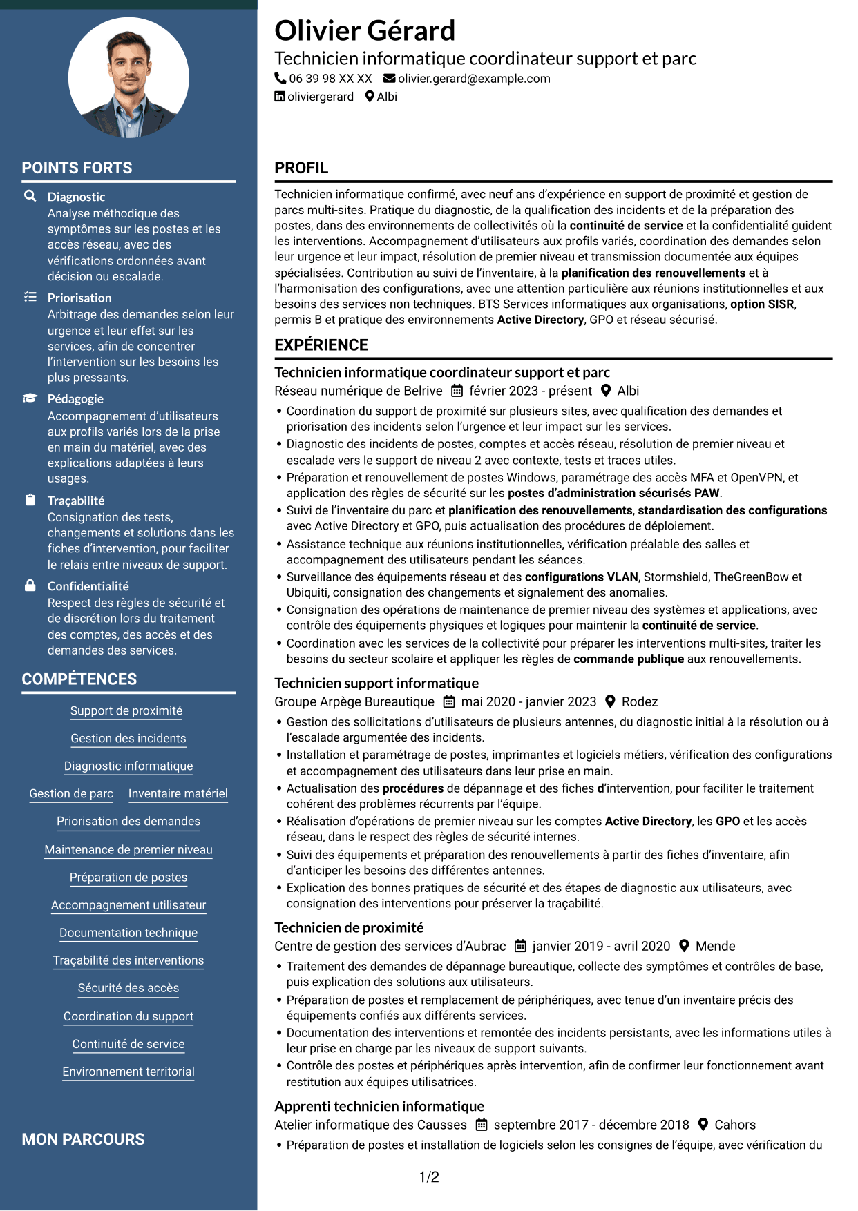CV Élégant (format à colonne latérale colorée avec photo) : Technicien informatique - Support et gestion de parc, page 1