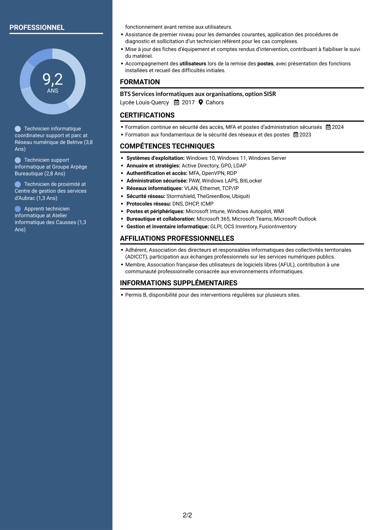 CV Élégant (format à colonne latérale colorée avec photo) : Technicien informatique - Support et gestion de parc, page 2