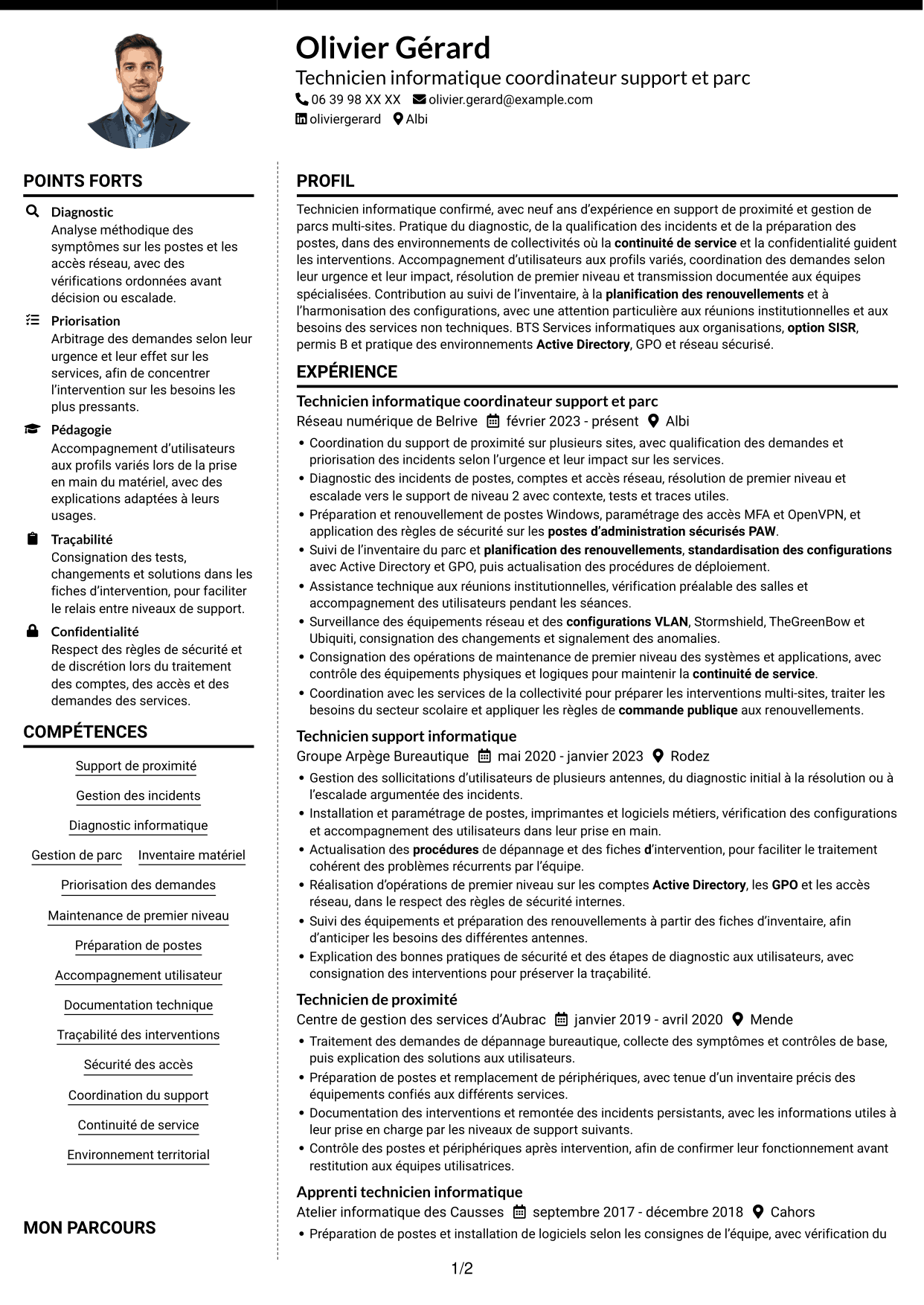 CV Moderne (format à deux colonnes avec photo à gauche et séparateur) : Technicien informatique - Support et gestion de parc, page 1