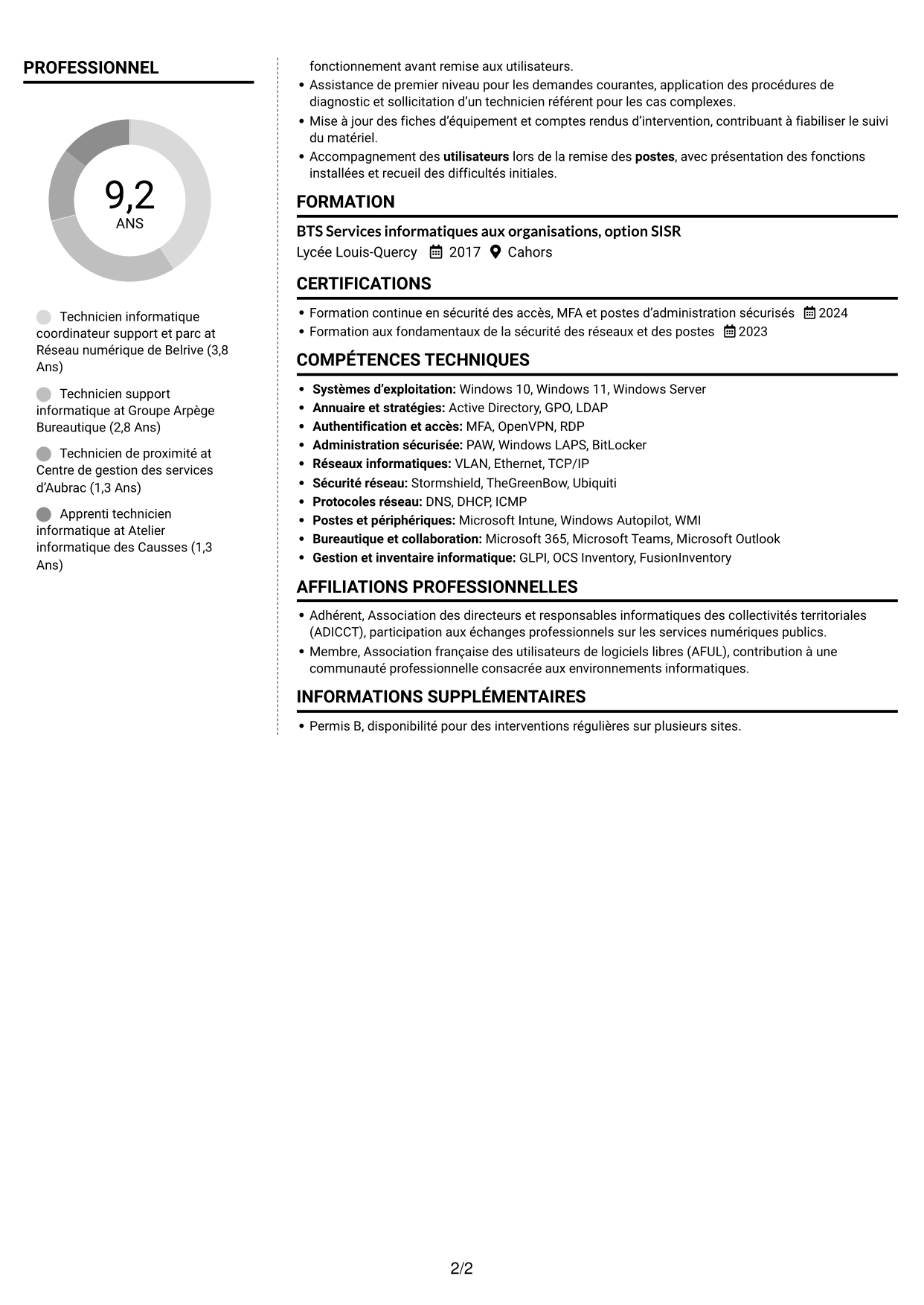 CV Moderne (format à deux colonnes avec photo à gauche et séparateur) : Technicien informatique - Support et gestion de parc, page 2