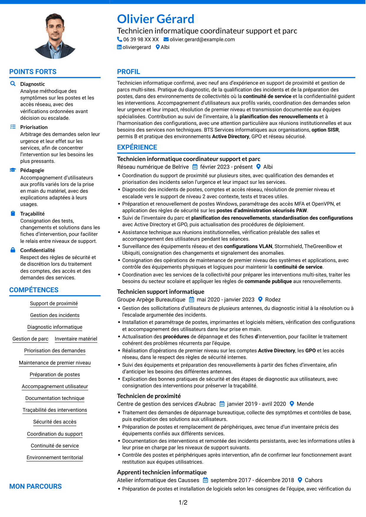 CV Audacieux (format à deux colonnes avec accents colorés et photo) : Technicien informatique - Support et gestion de parc, page 1