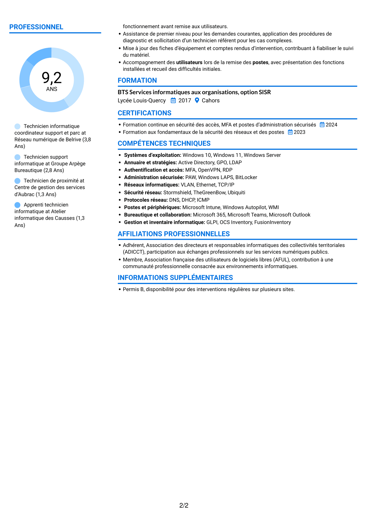 CV Audacieux (format à deux colonnes avec accents colorés et photo) : Technicien informatique - Support et gestion de parc, page 2