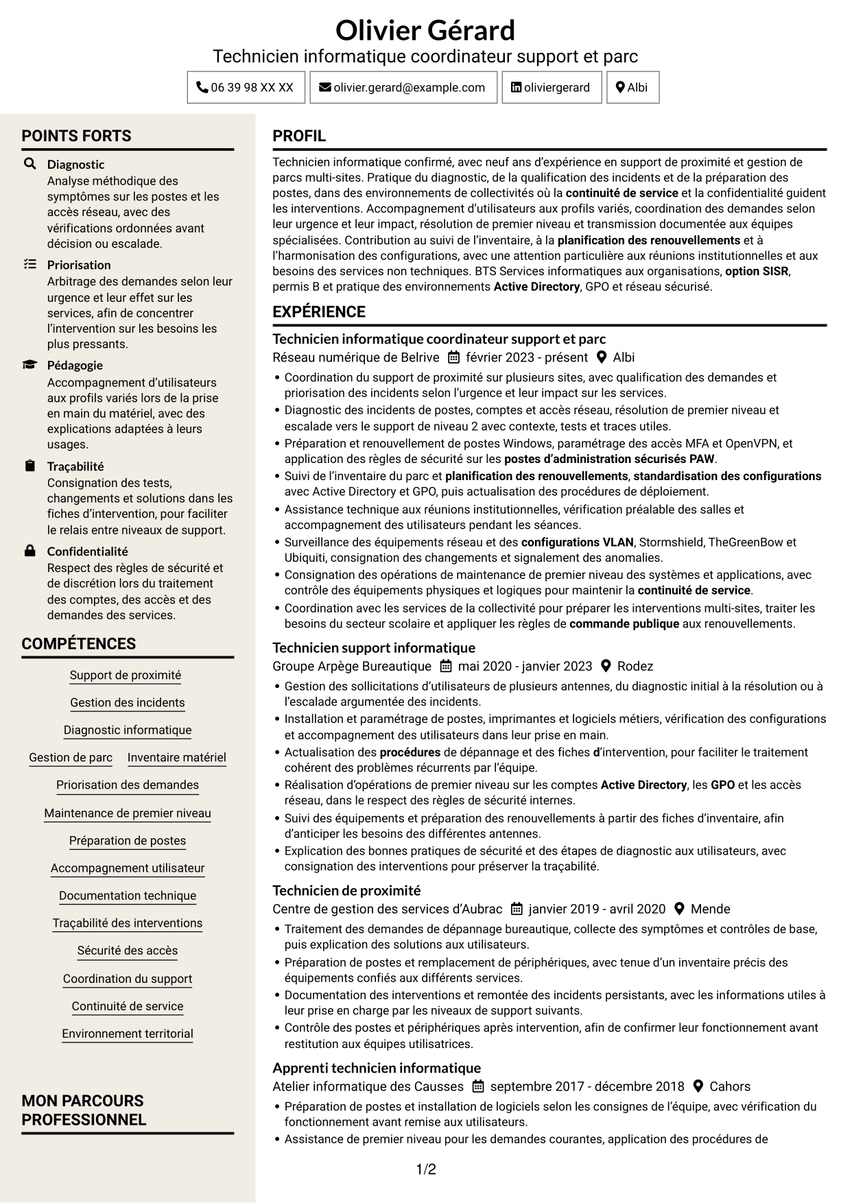 CV Fonceur (format à deux colonnes avec en-tête centré sans photo) : Technicien informatique - Support et gestion de parc, page 1