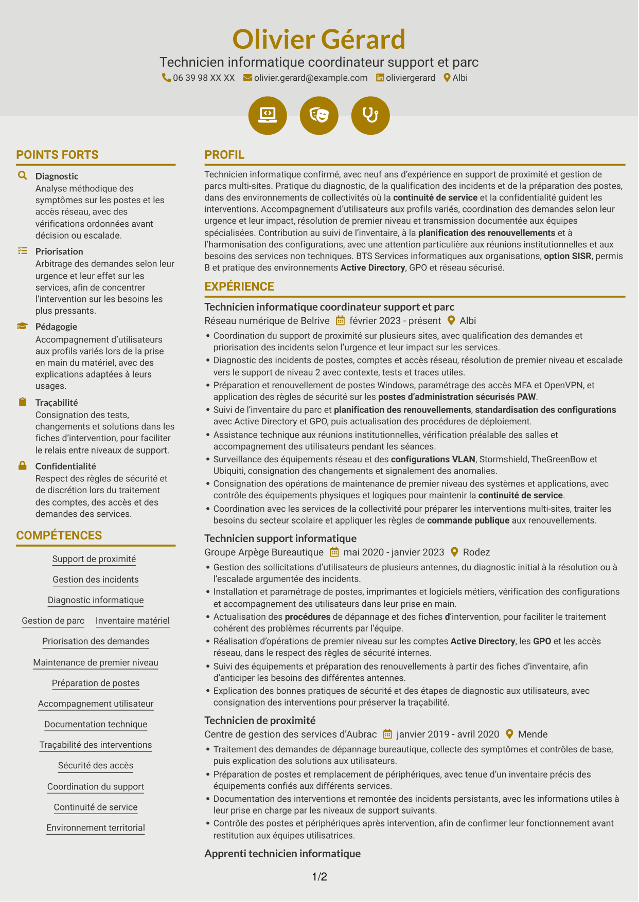 CV Dynamique (format à deux colonnes avec icônes) : Technicien informatique - Support et gestion de parc, page 1