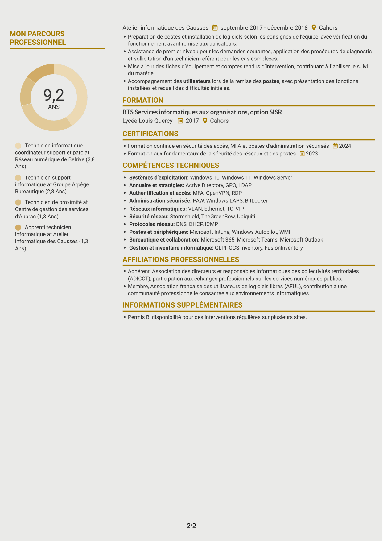 CV Dynamique (format à deux colonnes avec icônes) : Technicien informatique - Support et gestion de parc, page 2