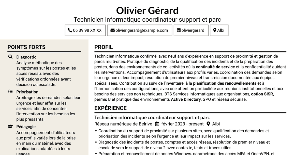 7 modèles de CV pour Technicien informatique - Support et gestion de parc, avec exemples