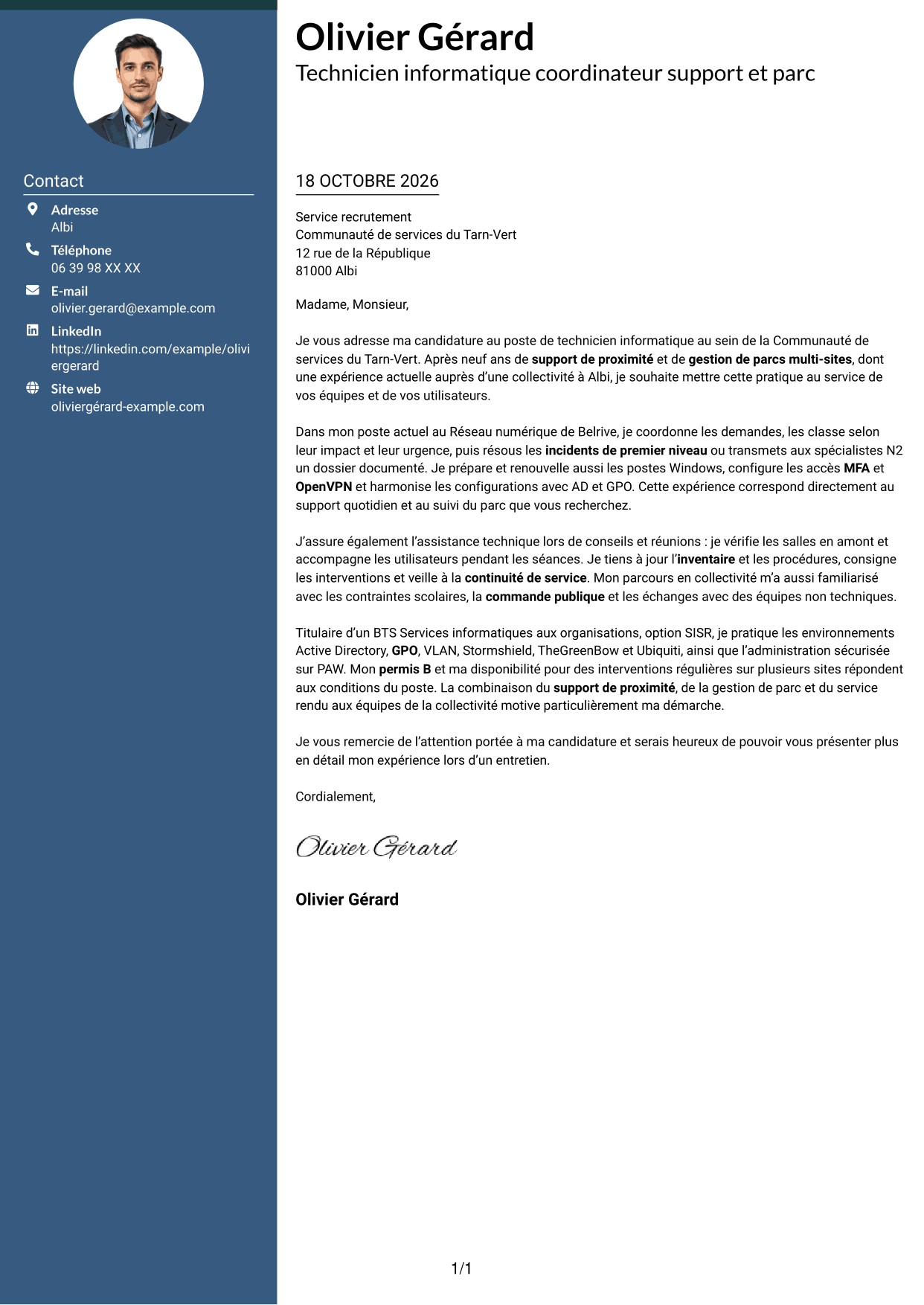 Lettre de motivation Élégant (format à colonne latérale colorée avec photo) : Technicien informatique - Support et gestion de parc, page 1