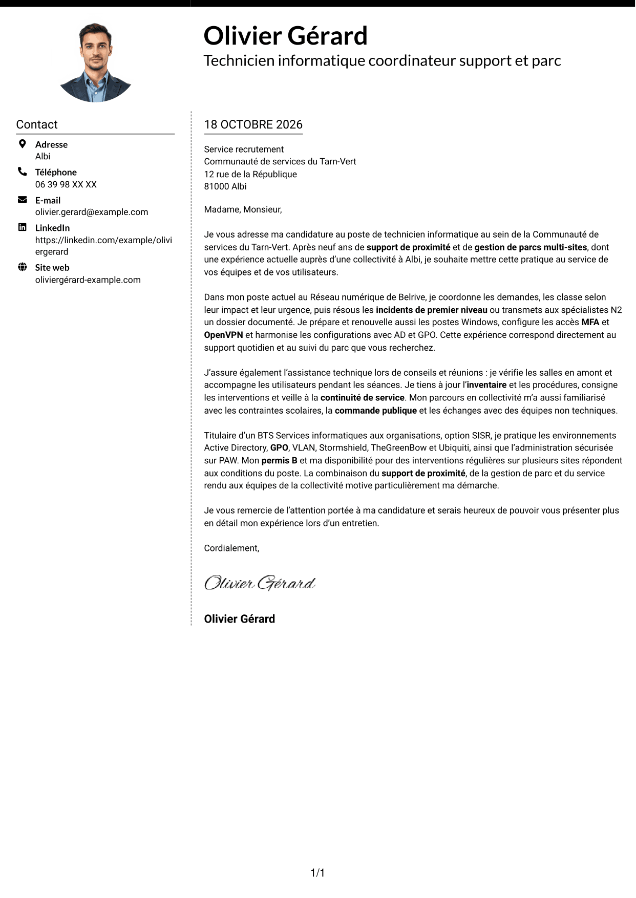 Lettre de motivation Moderne (format à deux colonnes avec photo à gauche et séparateur) : Technicien informatique - Support et gestion de parc, page 1