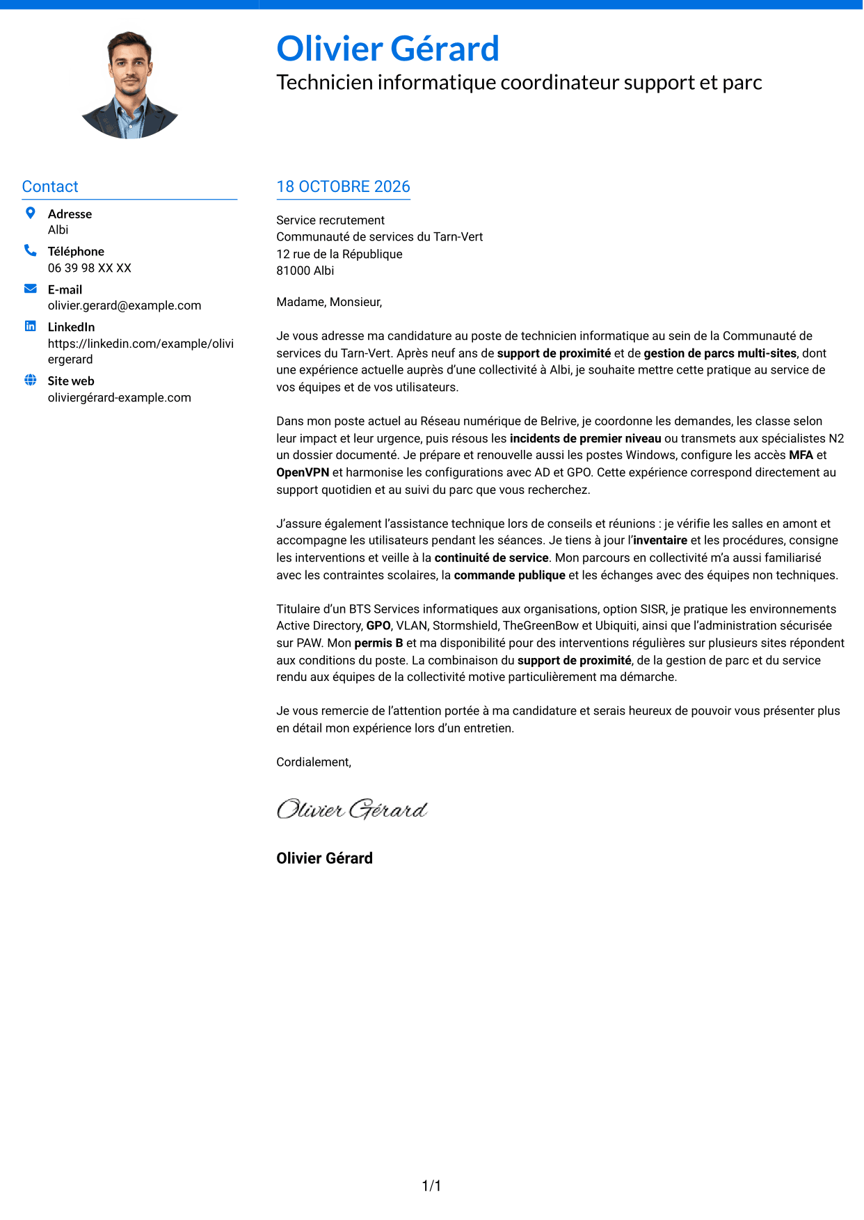Lettre de motivation Audacieux (format à deux colonnes avec accents colorés et photo) : Technicien informatique - Support et gestion de parc, page 1
