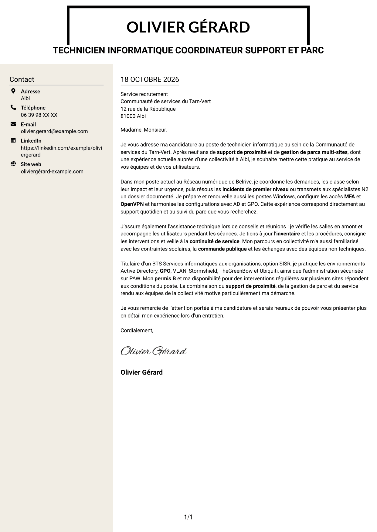 Lettre de motivation Fonceur (format à deux colonnes avec en-tête centré sans photo) : Technicien informatique - Support et gestion de parc, page 1