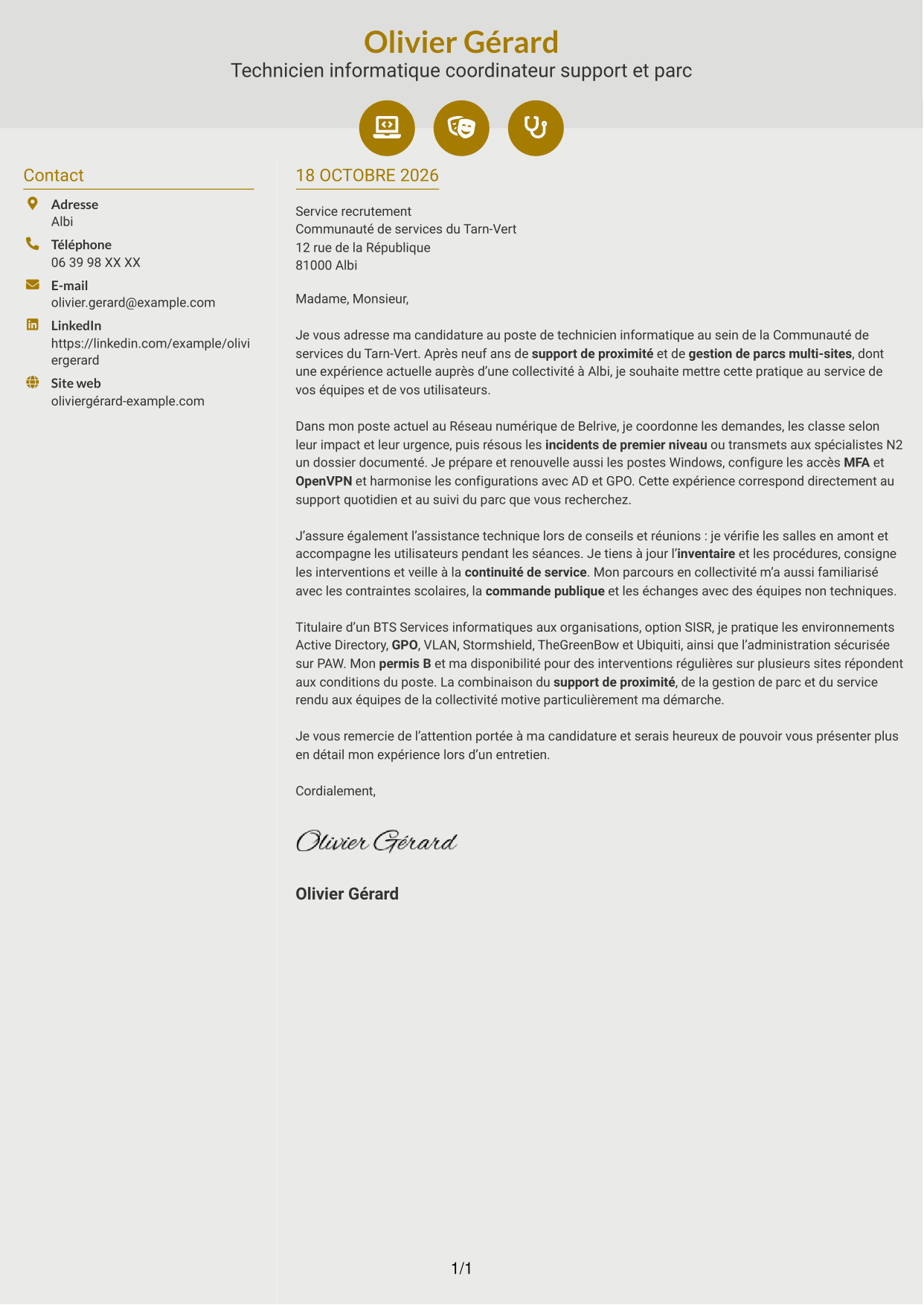 Lettre de motivation Dynamique (format à deux colonnes avec icônes) : Technicien informatique - Support et gestion de parc, page 1
