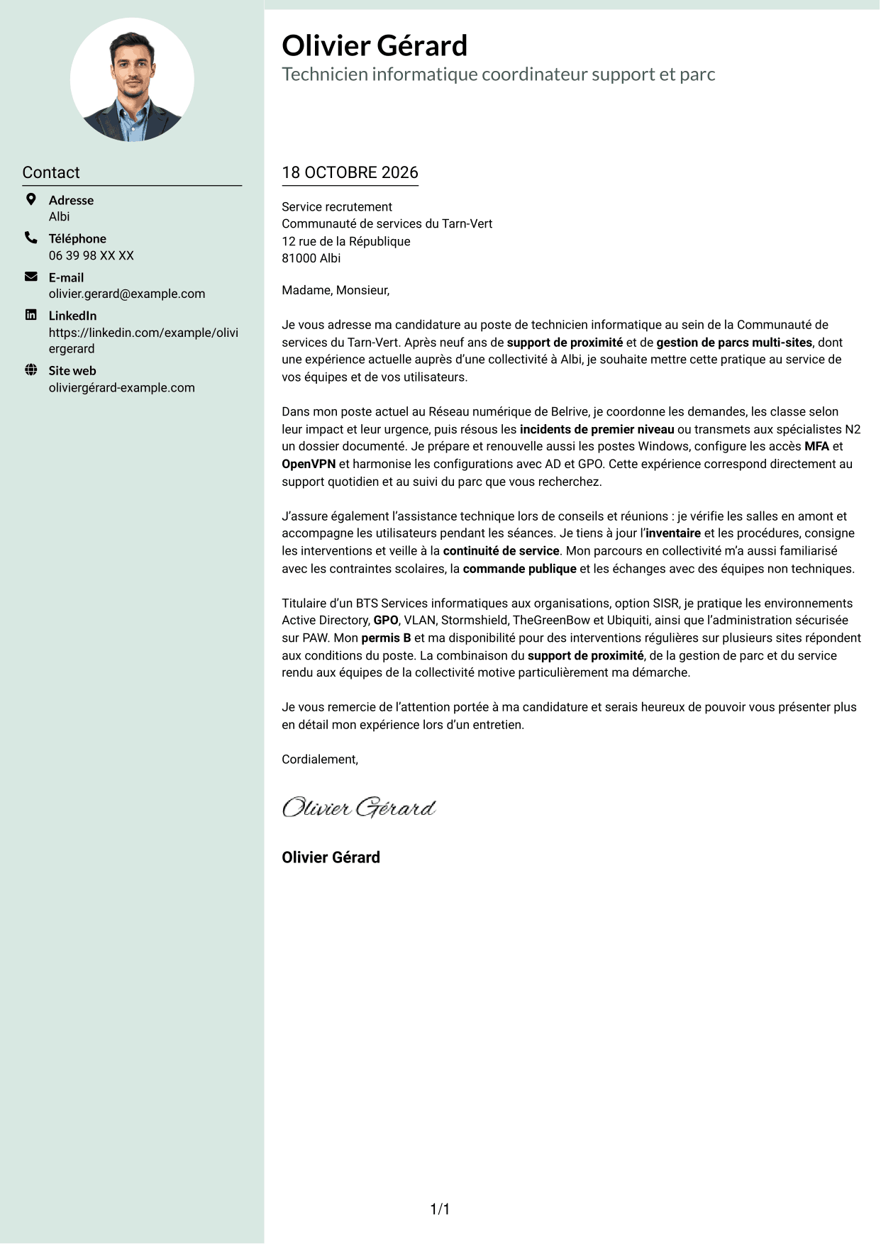 Lettre de motivation Cadre (format à colonne latérale douce avec photo arrondie) : Technicien informatique - Support et gestion de parc, page 1