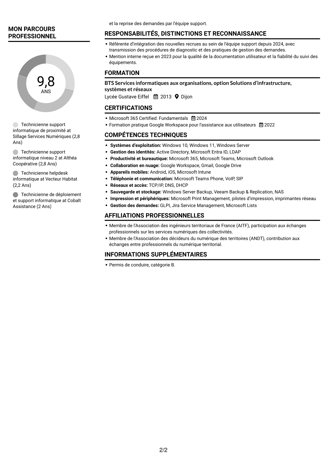 CV Compact (format sobre à deux colonnes avec photo) : Technicien informatique - Support hotline, page 2