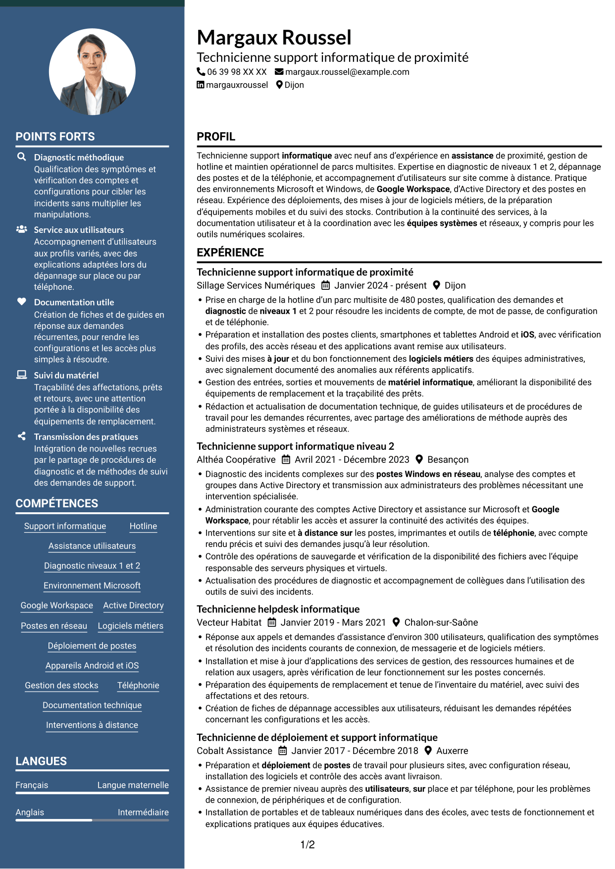 CV Élégant (format à colonne latérale colorée avec photo) : Technicien informatique - Support hotline, page 1