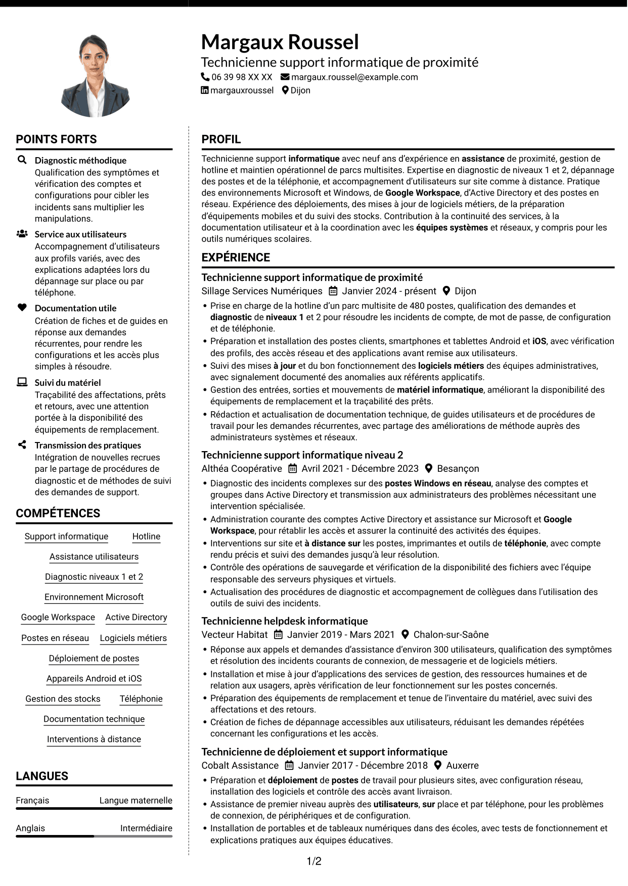 CV Moderne (format à deux colonnes avec photo à gauche et séparateur) : Technicien informatique - Support hotline, page 1