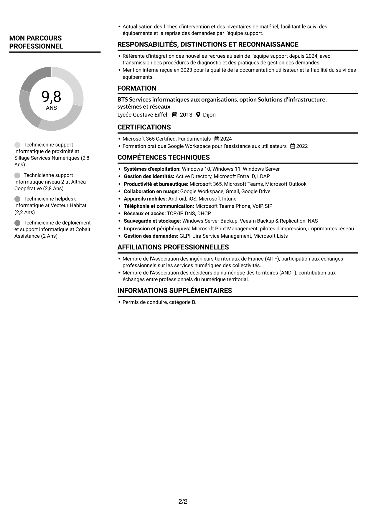 CV Moderne (format à deux colonnes avec photo à gauche et séparateur) : Technicien informatique - Support hotline, page 2