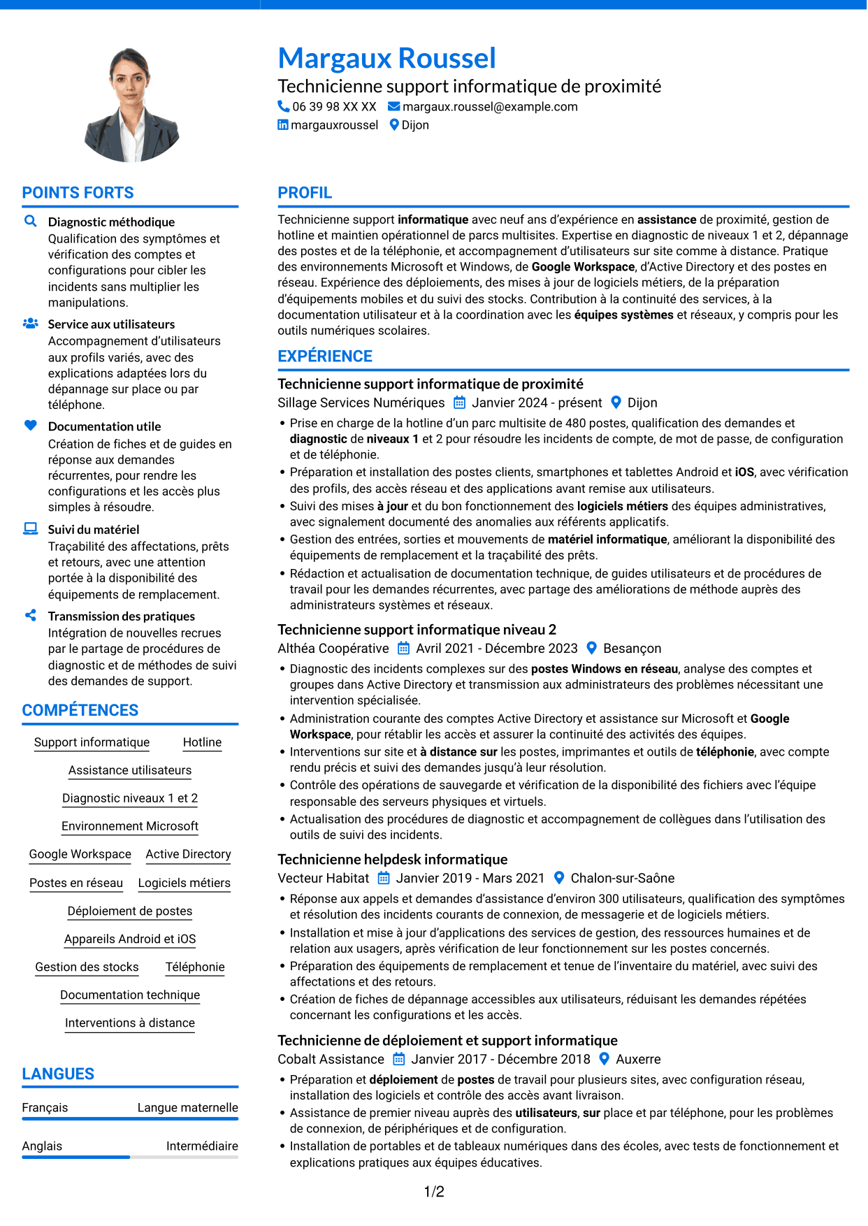 CV Audacieux (format à deux colonnes avec accents colorés et photo) : Technicien informatique - Support hotline, page 1