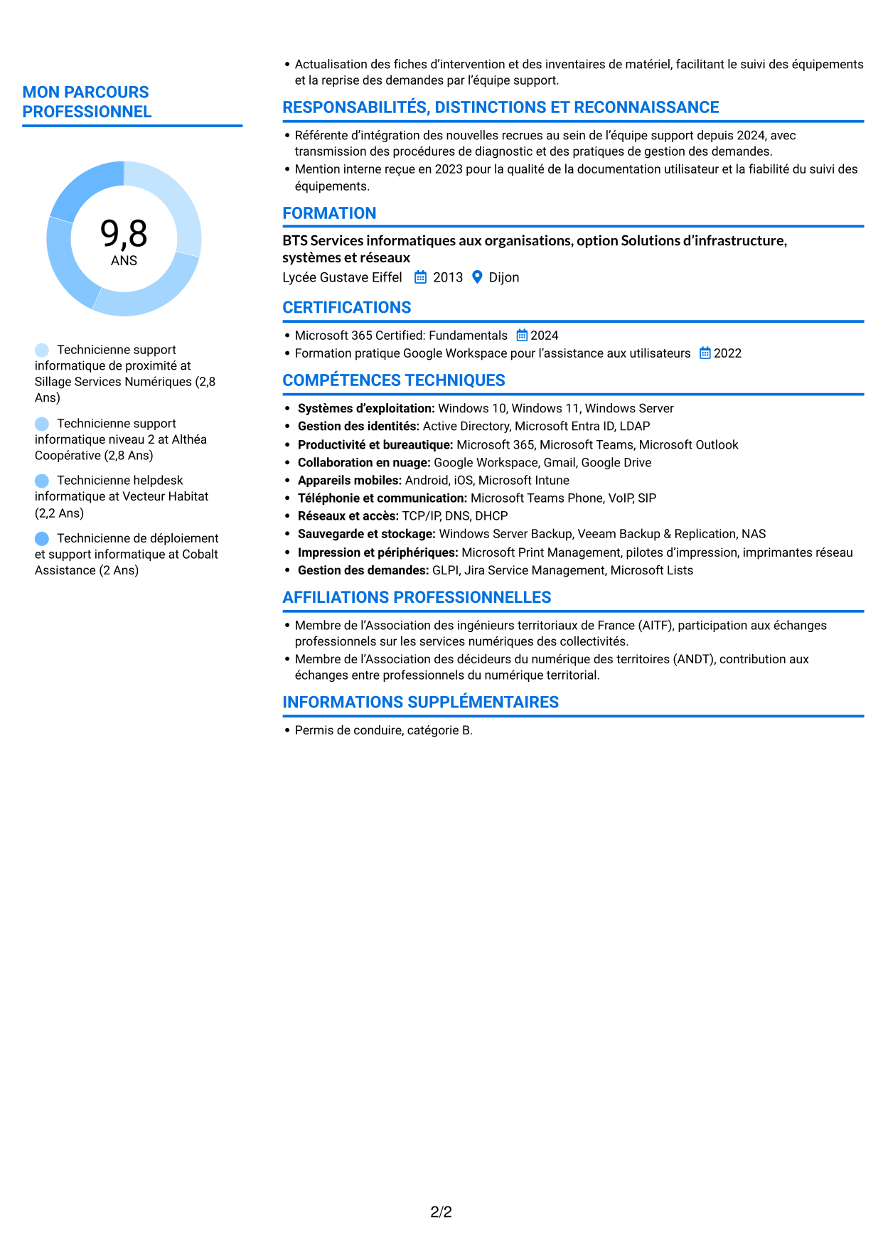 CV Audacieux (format à deux colonnes avec accents colorés et photo) : Technicien informatique - Support hotline, page 2