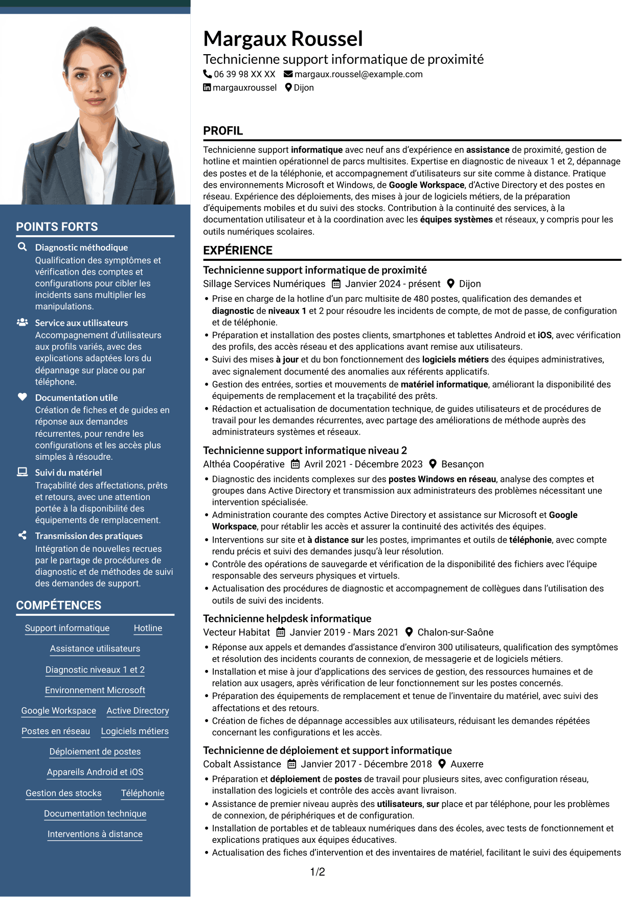 CV Signature (format à colonne latérale colorée avec grande photo) : Technicien informatique - Support hotline, page 1