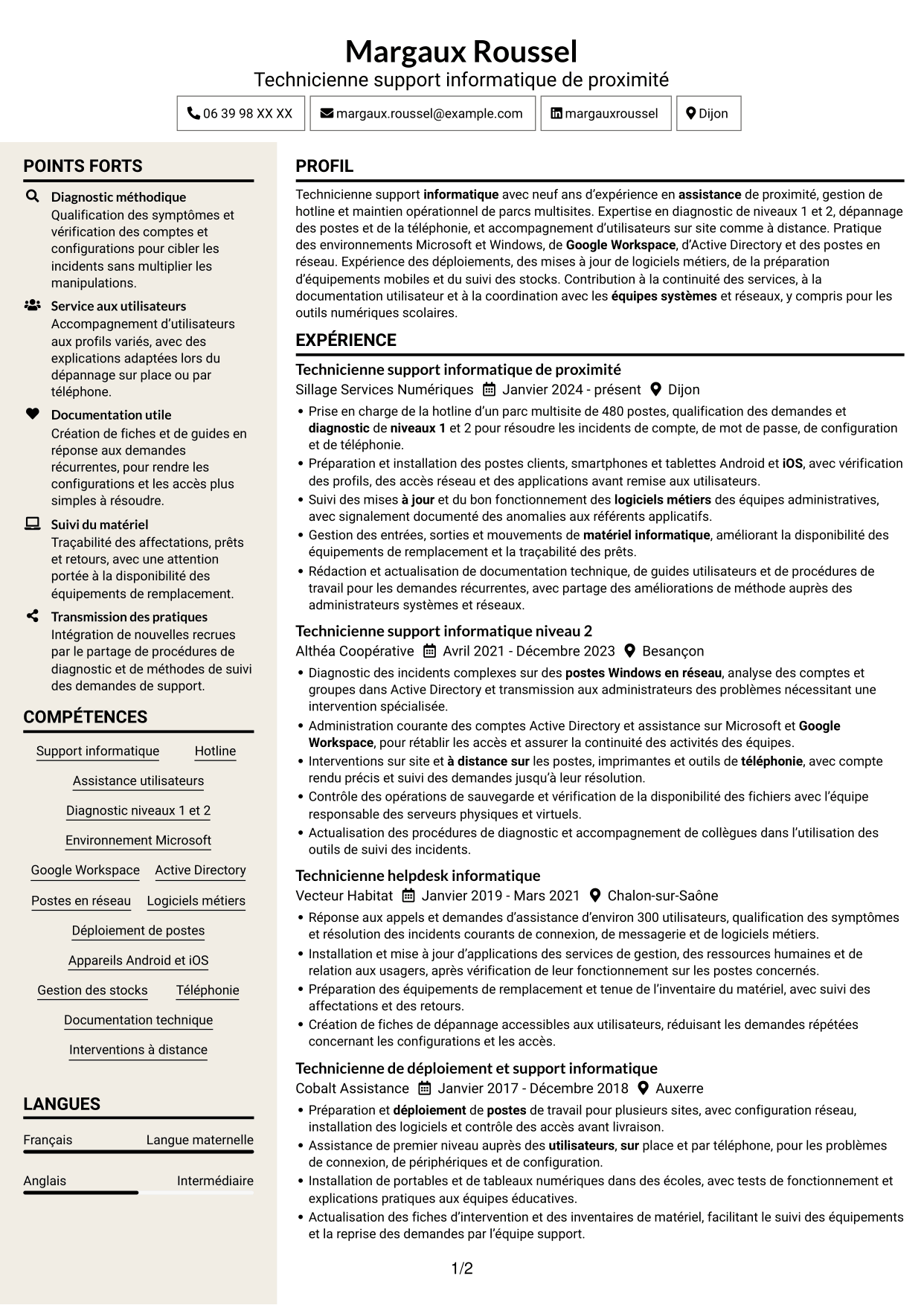 CV Fonceur (format à deux colonnes avec en-tête centré sans photo) : Technicien informatique - Support hotline, page 1