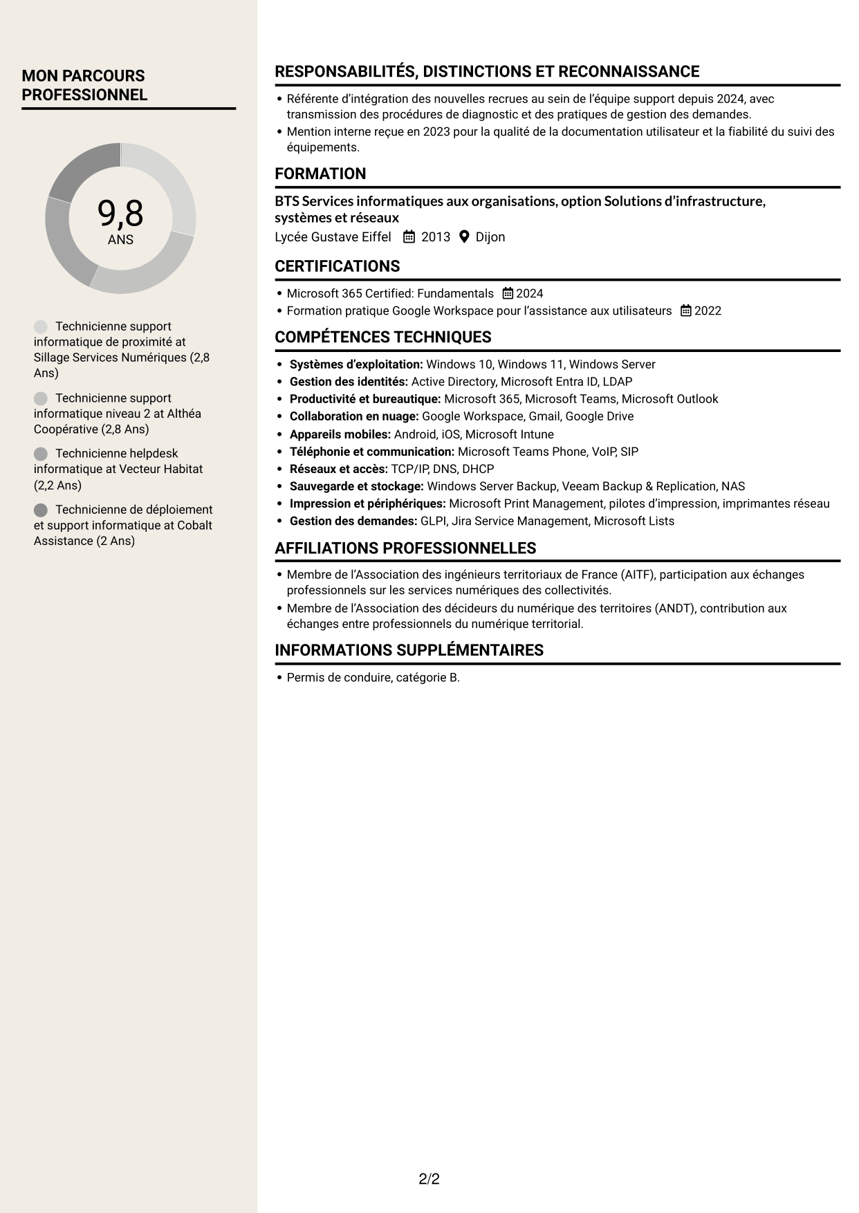 CV Fonceur (format à deux colonnes avec en-tête centré sans photo) : Technicien informatique - Support hotline, page 2