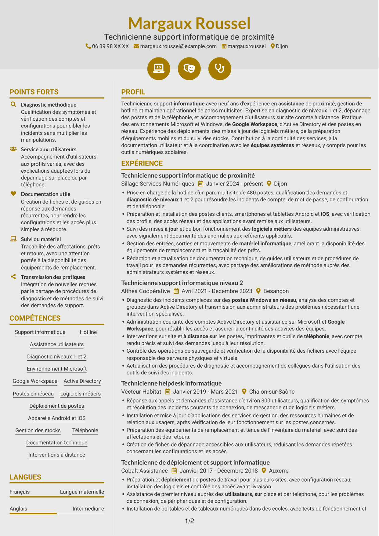 CV Dynamique (format à deux colonnes avec icônes) : Technicien informatique - Support hotline, page 1