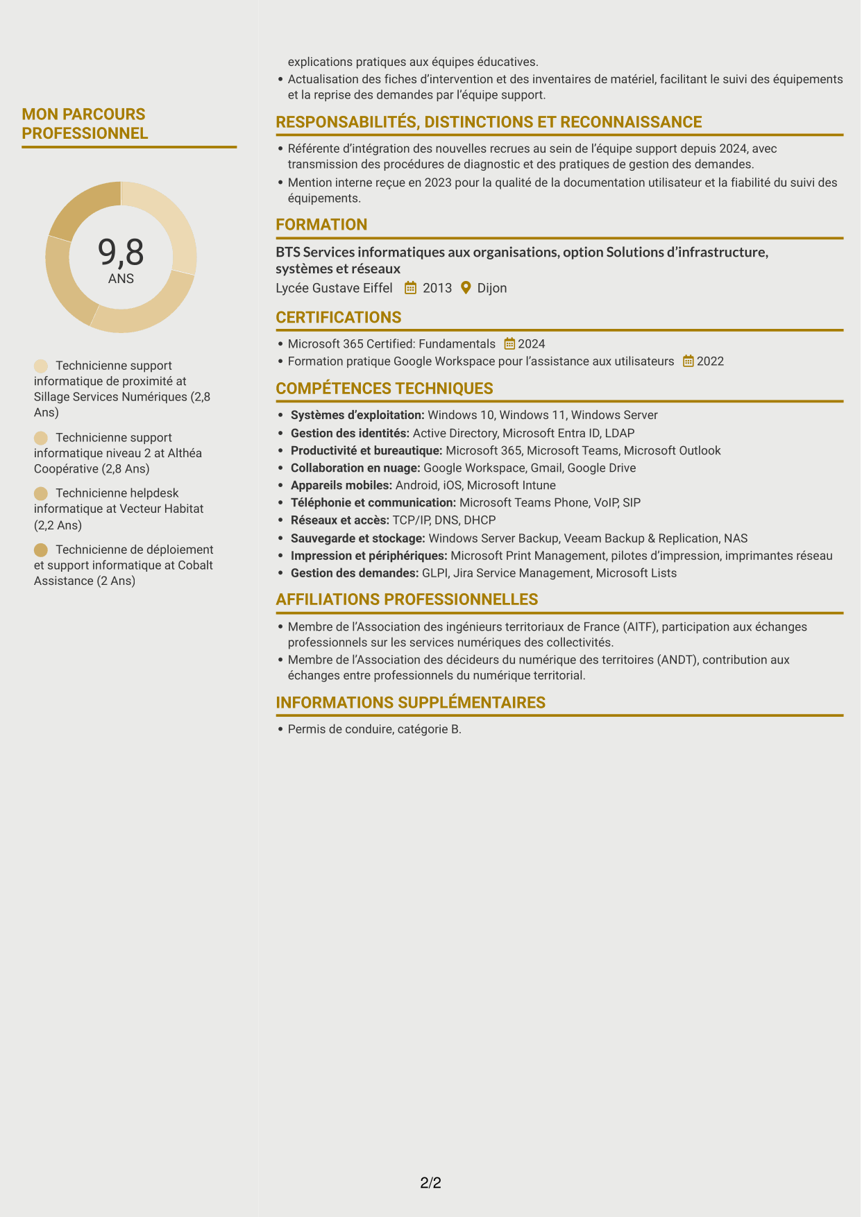 CV Dynamique (format à deux colonnes avec icônes) : Technicien informatique - Support hotline, page 2