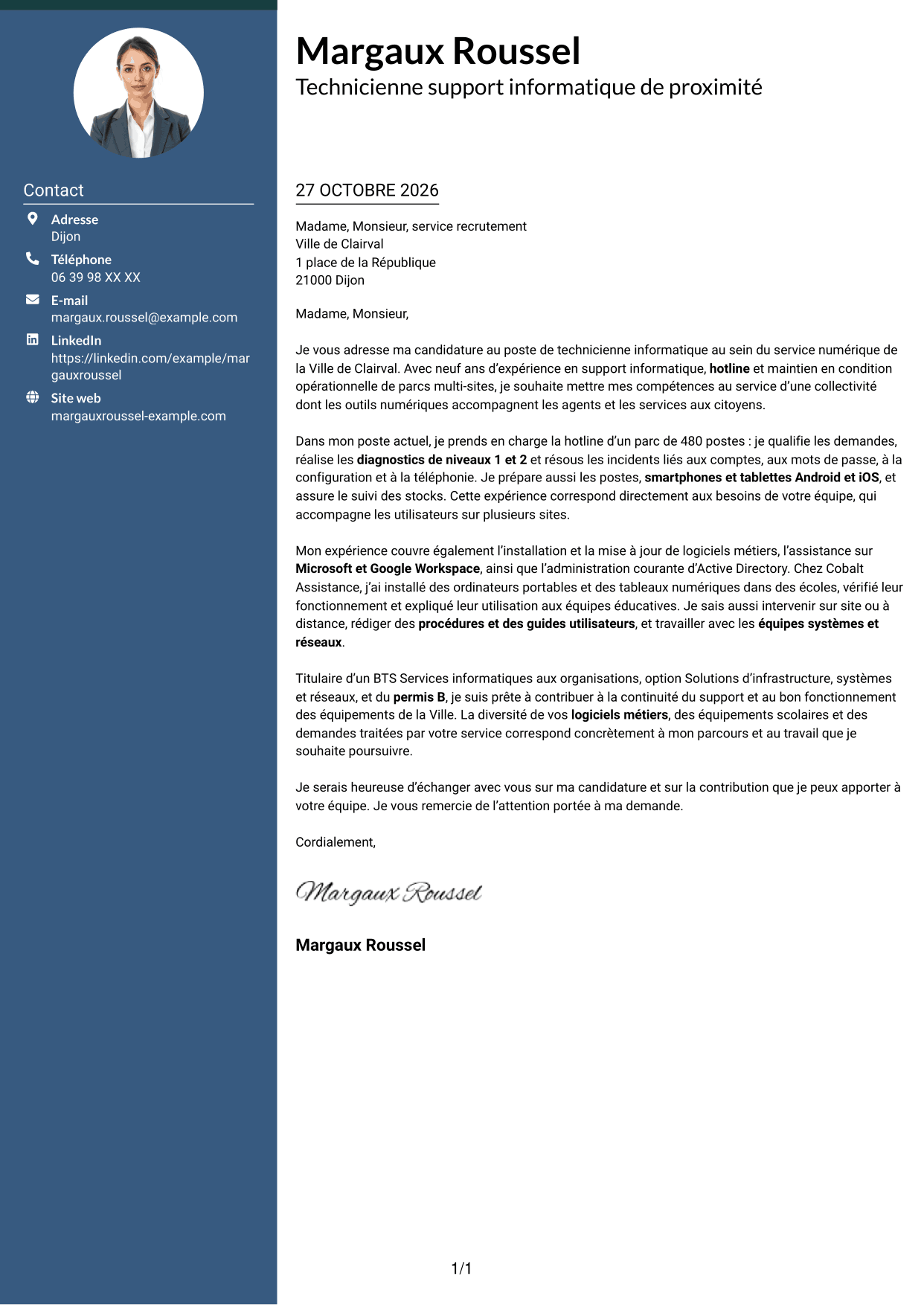 Lettre de motivation Élégant (format à colonne latérale colorée avec photo) : Technicien informatique - Support hotline, page 1
