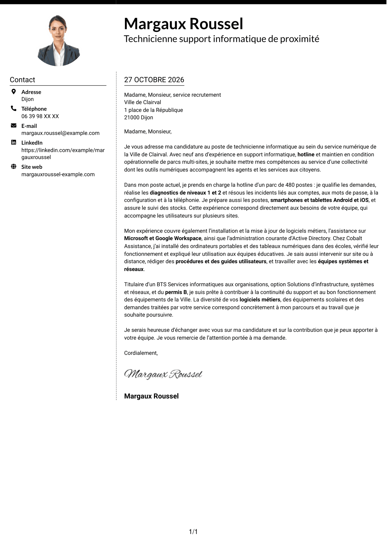 Lettre de motivation Moderne (format à deux colonnes avec photo à gauche et séparateur) : Technicien informatique - Support hotline, page 1