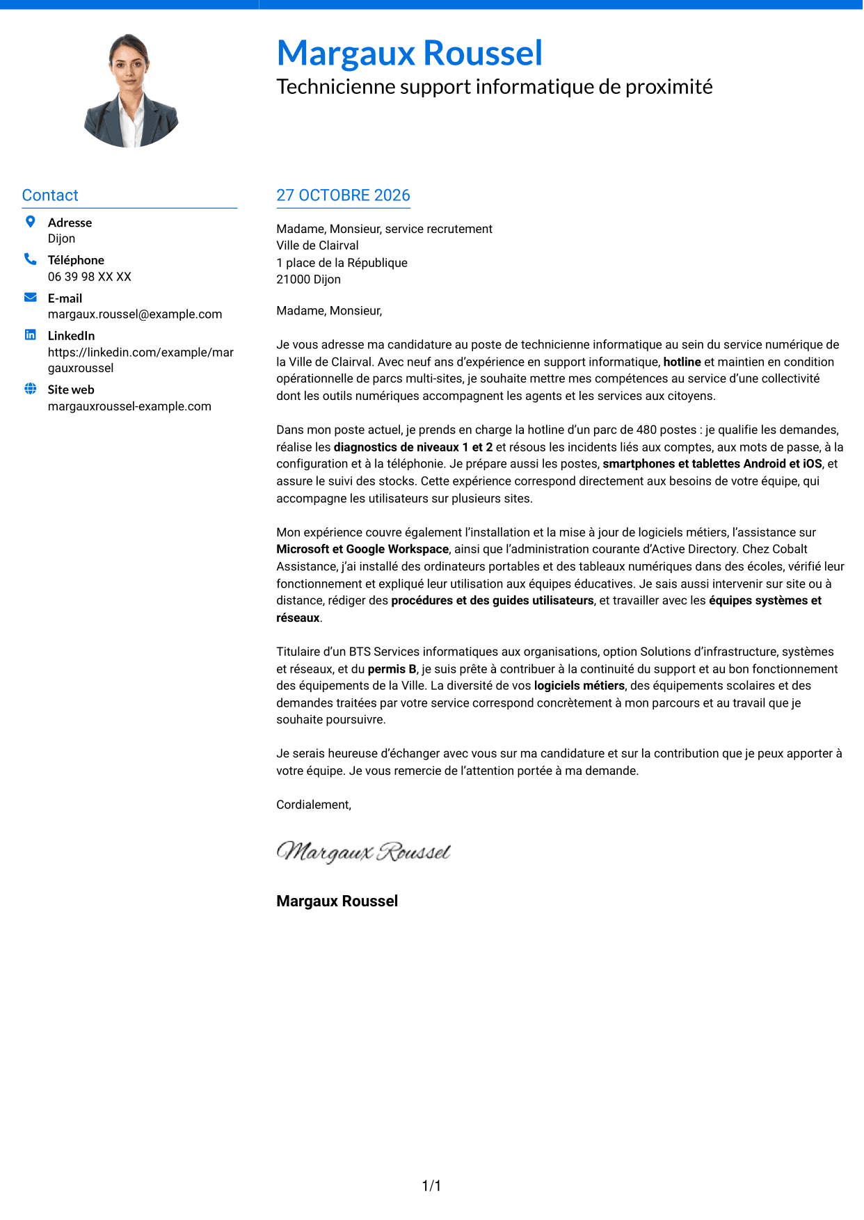 Lettre de motivation Audacieux (format à deux colonnes avec accents colorés et photo) : Technicien informatique - Support hotline, page 1