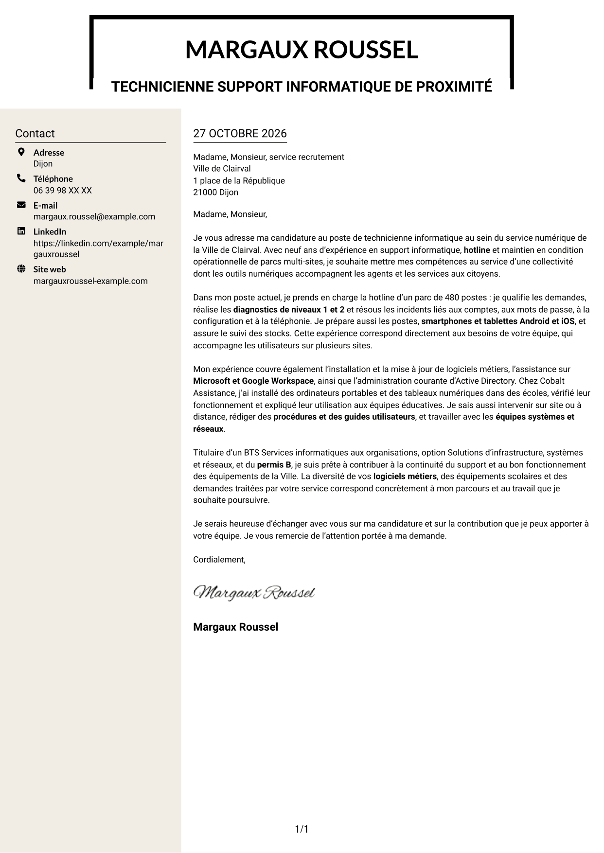 Lettre de motivation Fonceur (format à deux colonnes avec en-tête centré sans photo) : Technicien informatique - Support hotline, page 1