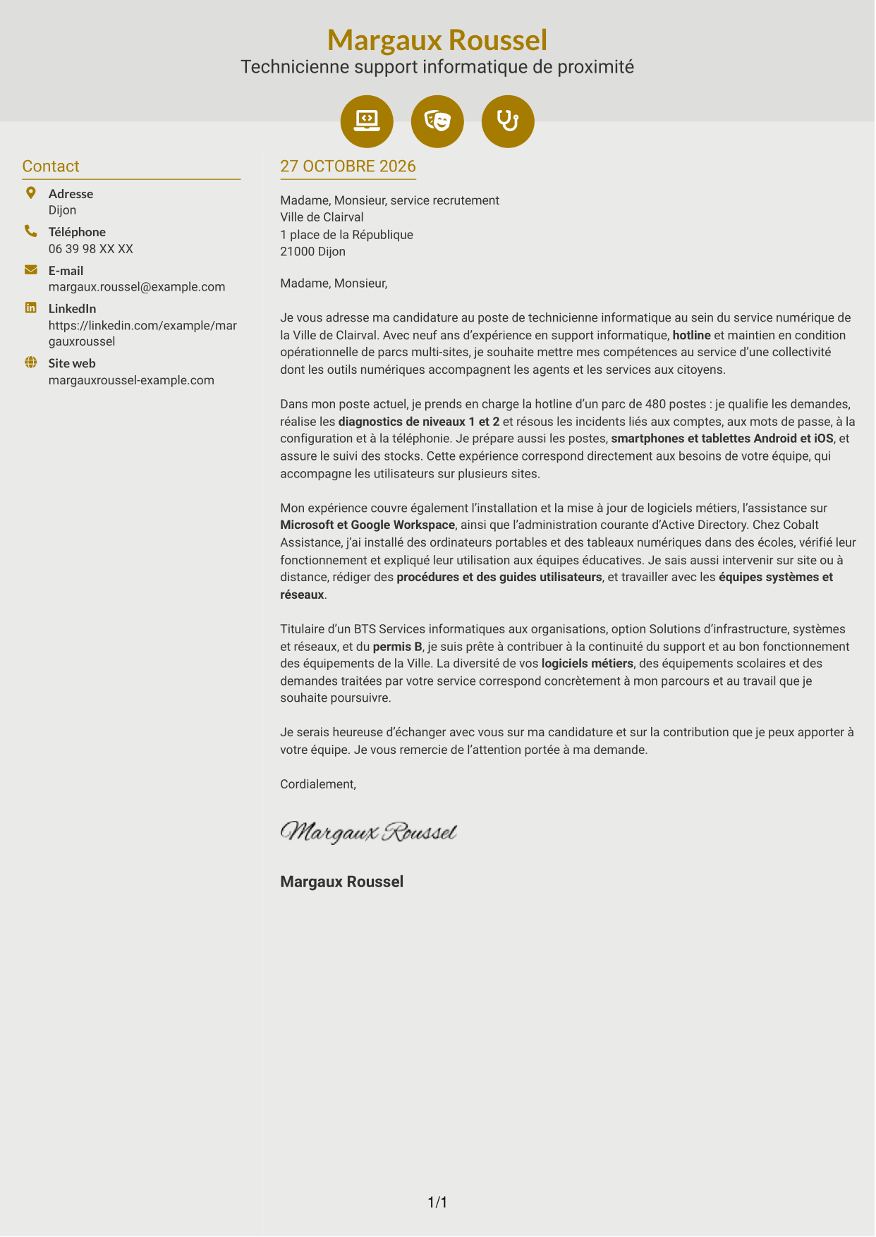 Lettre de motivation Dynamique (format à deux colonnes avec icônes) : Technicien informatique - Support hotline, page 1