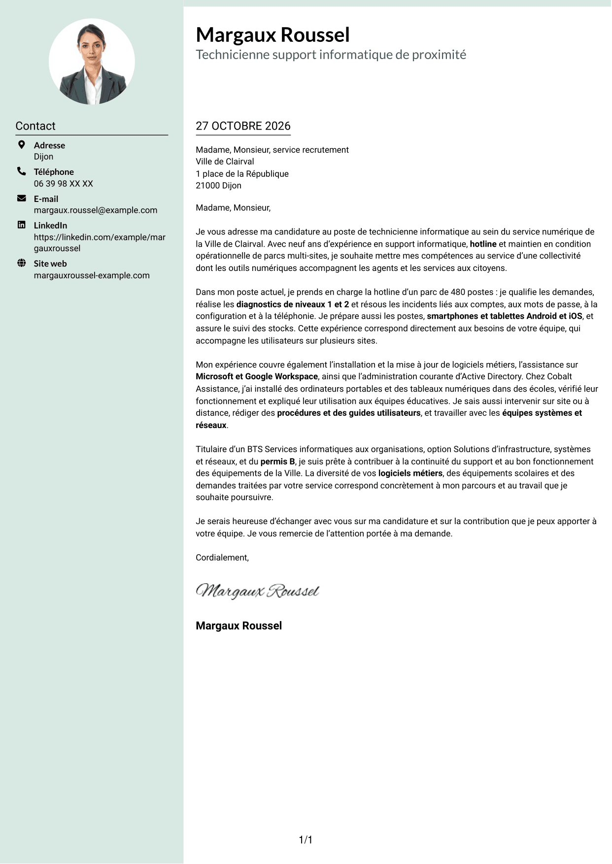 Lettre de motivation Cadre (format à colonne latérale douce avec photo arrondie) : Technicien informatique - Support hotline, page 1