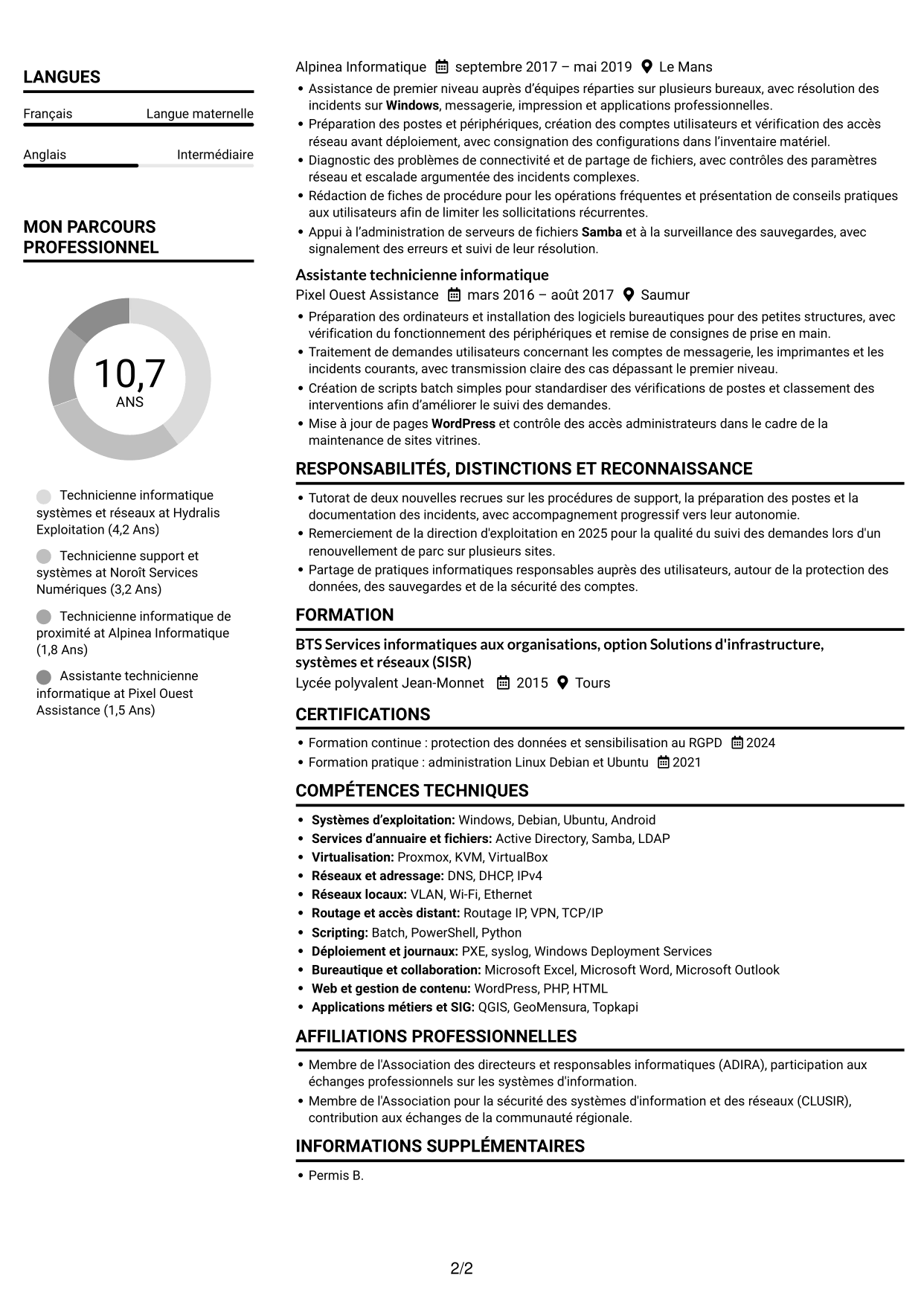 CV Compact (format sobre à deux colonnes avec photo) : Technicien informatique - Support systèmes et réseaux, page 2