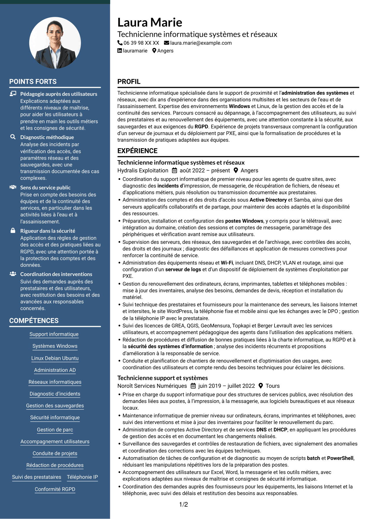 CV Élégant (format à colonne latérale colorée avec photo) : Technicien informatique - Support systèmes et réseaux, page 1