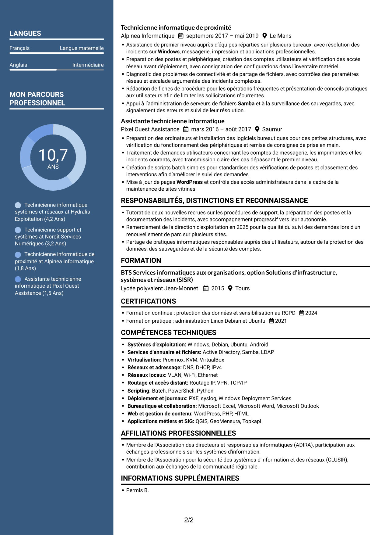 CV Élégant (format à colonne latérale colorée avec photo) : Technicien informatique - Support systèmes et réseaux, page 2