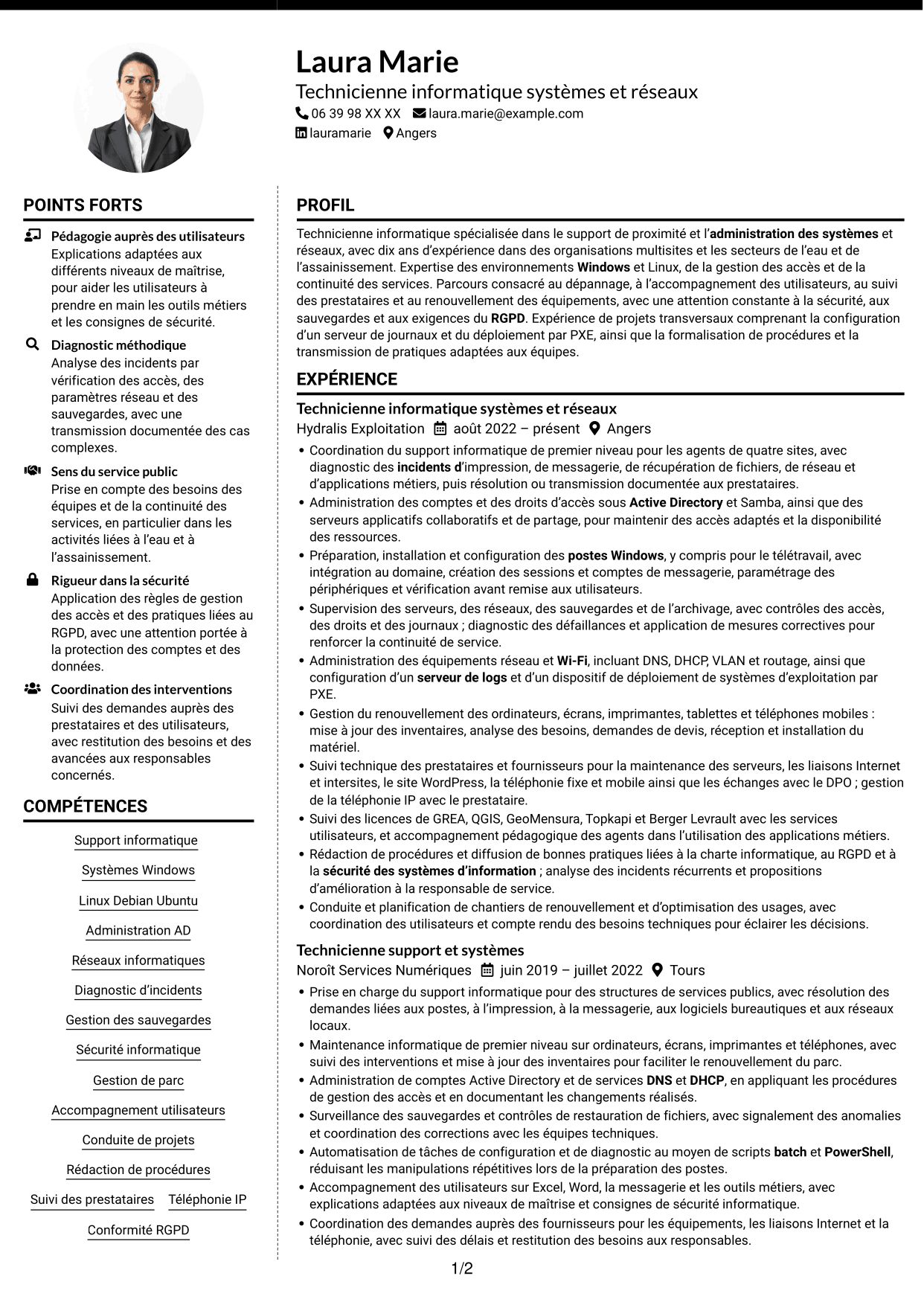 CV Moderne (format à deux colonnes avec photo à gauche et séparateur) : Technicien informatique - Support systèmes et réseaux, page 1
