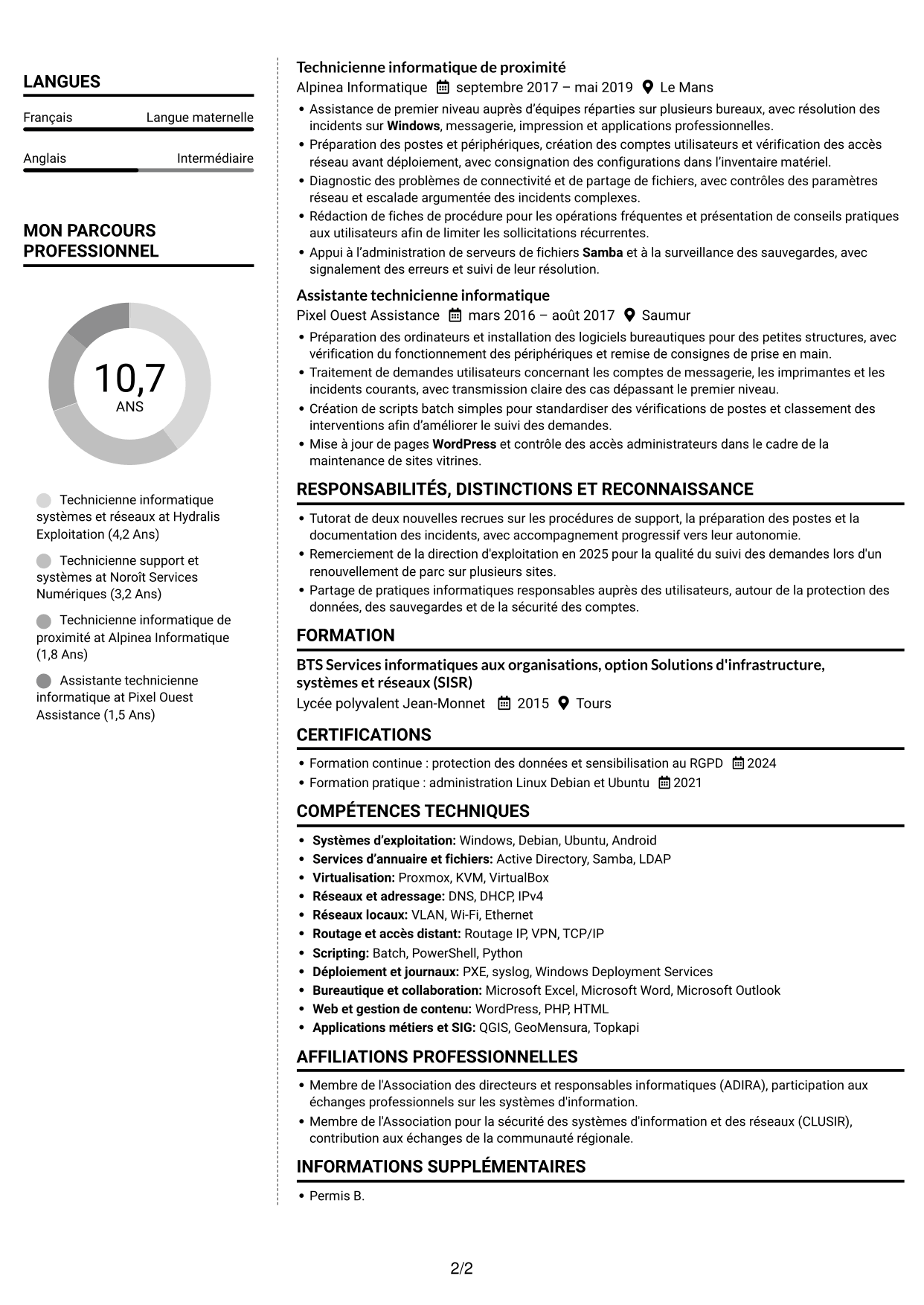 CV Moderne (format à deux colonnes avec photo à gauche et séparateur) : Technicien informatique - Support systèmes et réseaux, page 2