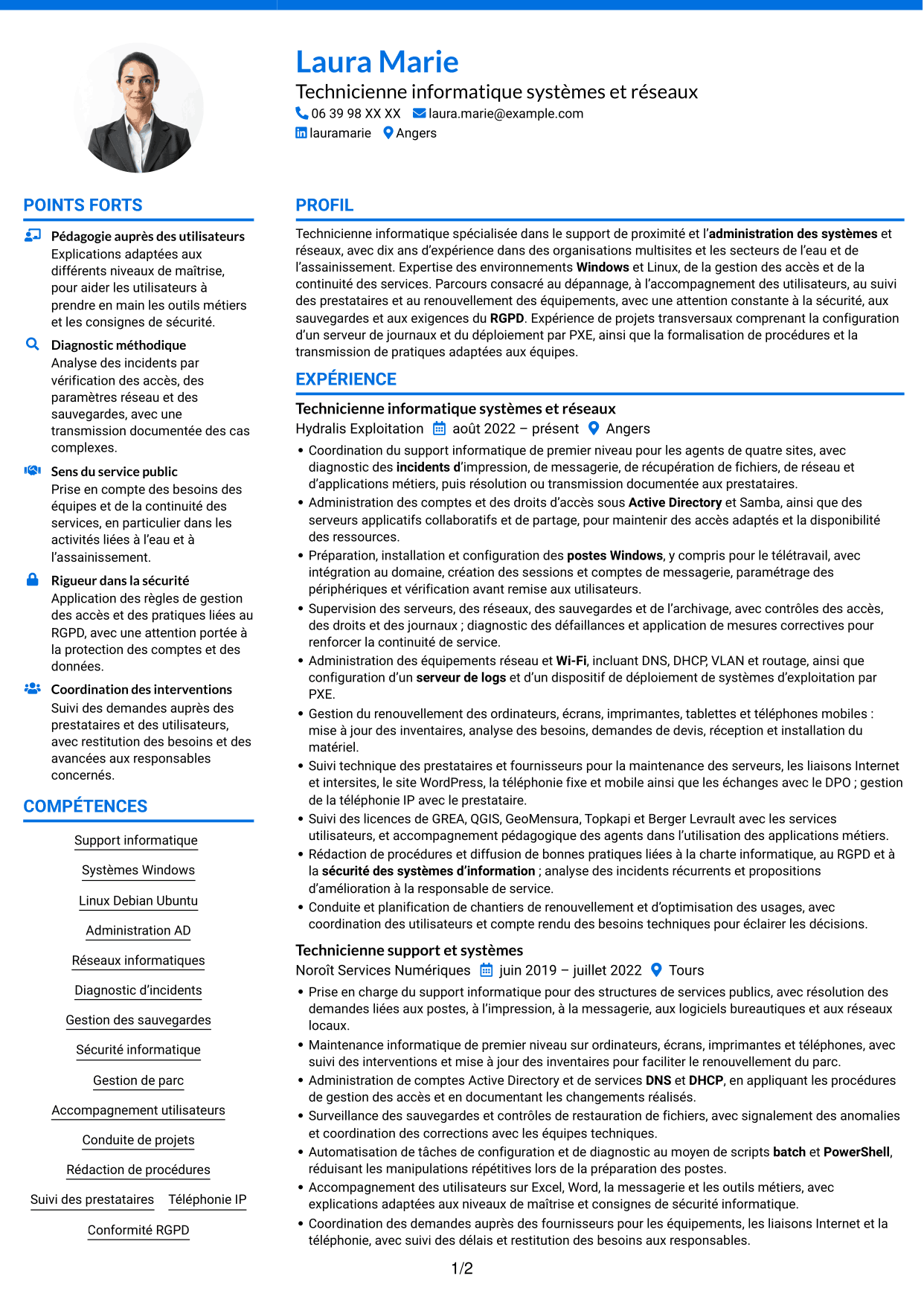 CV Audacieux (format à deux colonnes avec accents colorés et photo) : Technicien informatique - Support systèmes et réseaux, page 1