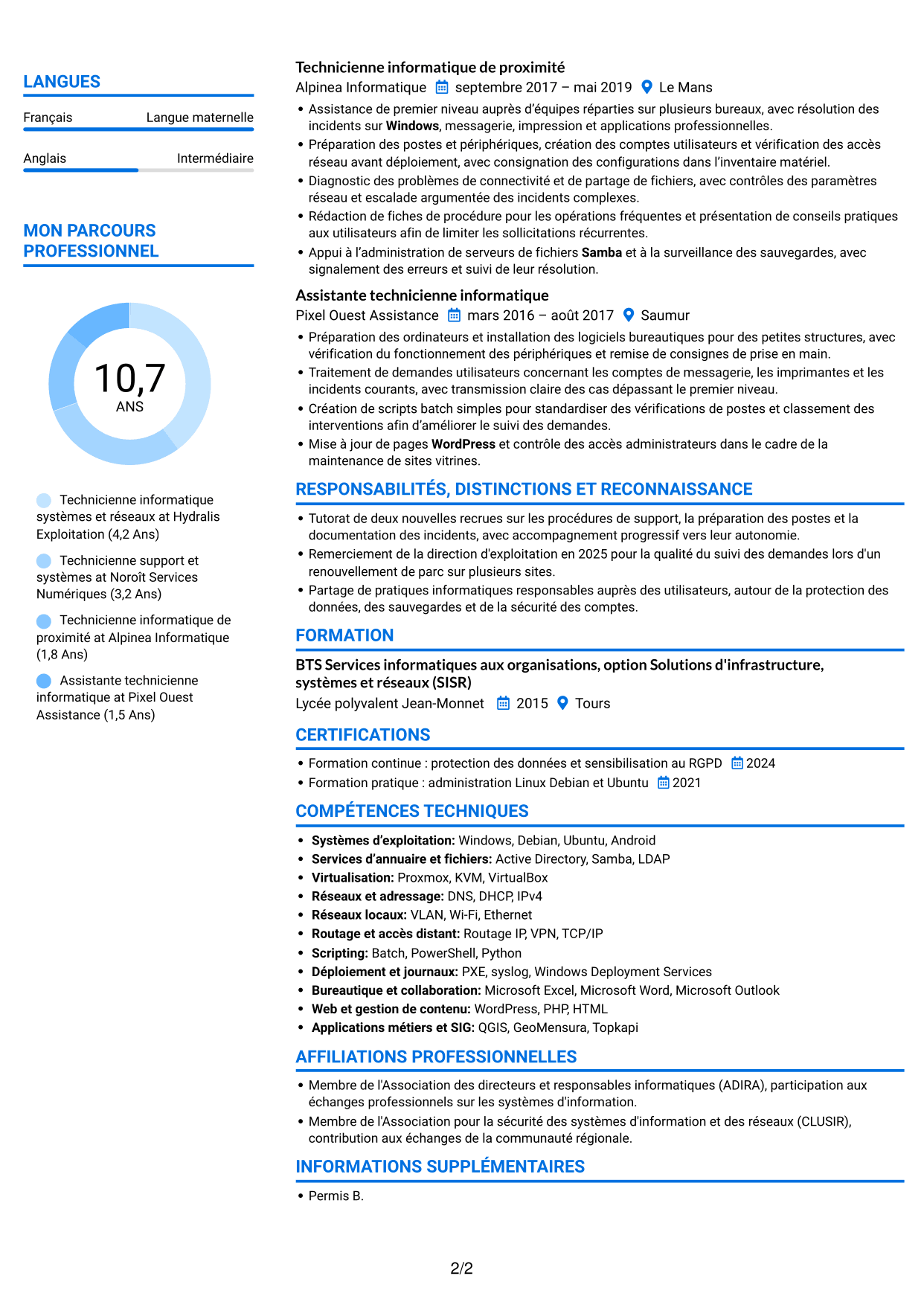CV Audacieux (format à deux colonnes avec accents colorés et photo) : Technicien informatique - Support systèmes et réseaux, page 2