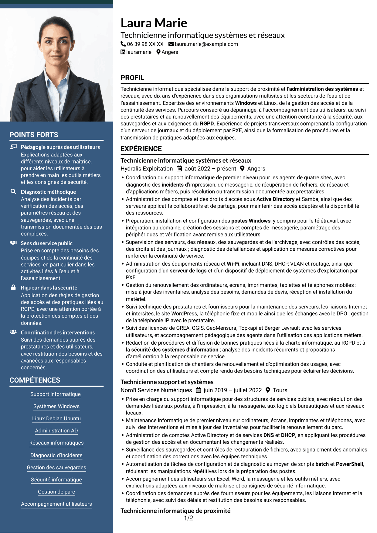 CV Signature (format à colonne latérale colorée avec grande photo) : Technicien informatique - Support systèmes et réseaux, page 1