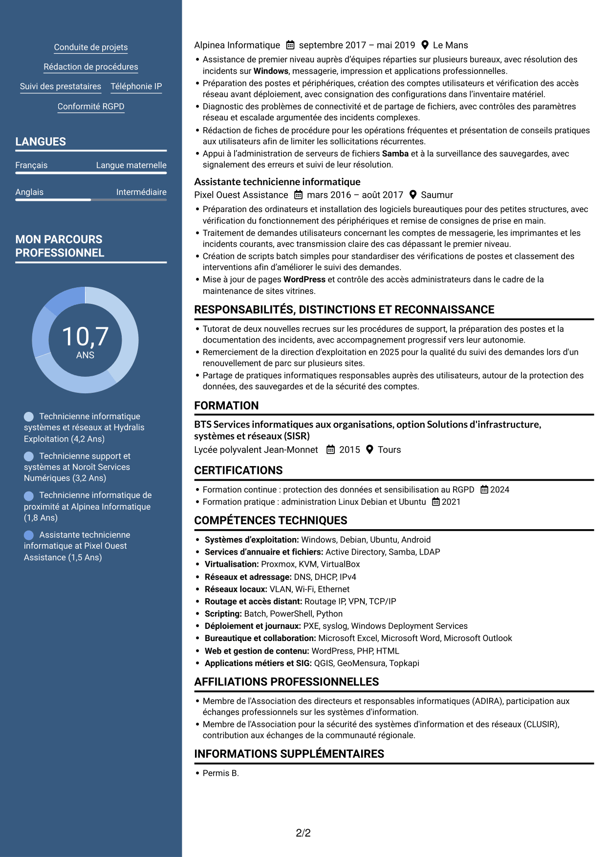 CV Signature (format à colonne latérale colorée avec grande photo) : Technicien informatique - Support systèmes et réseaux, page 2