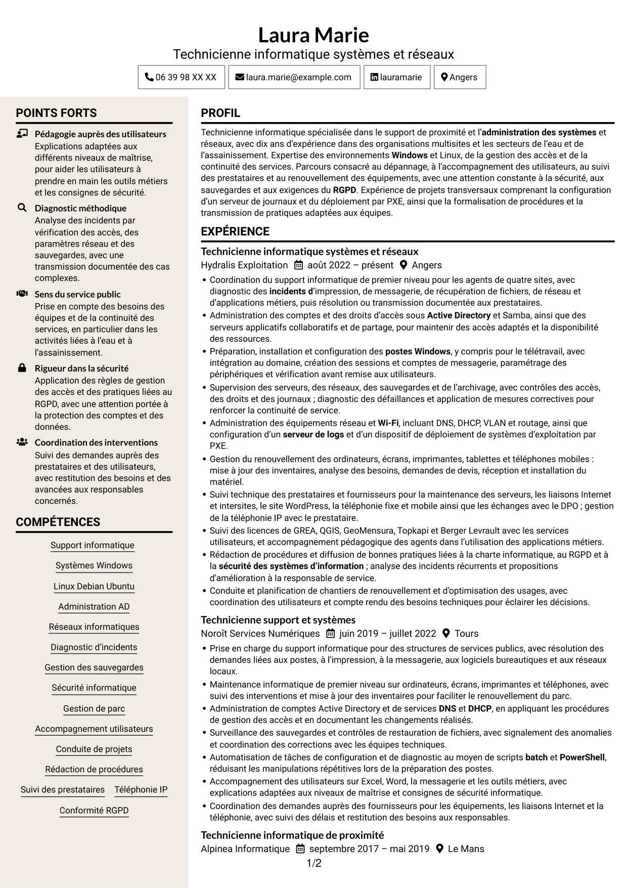 CV Fonceur (format à deux colonnes avec en-tête centré sans photo) : Technicien informatique - Support systèmes et réseaux, page 1