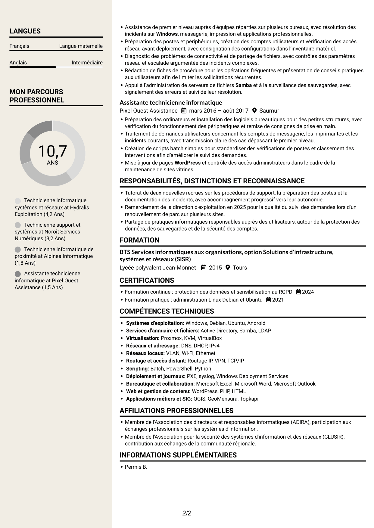 CV Fonceur (format à deux colonnes avec en-tête centré sans photo) : Technicien informatique - Support systèmes et réseaux, page 2