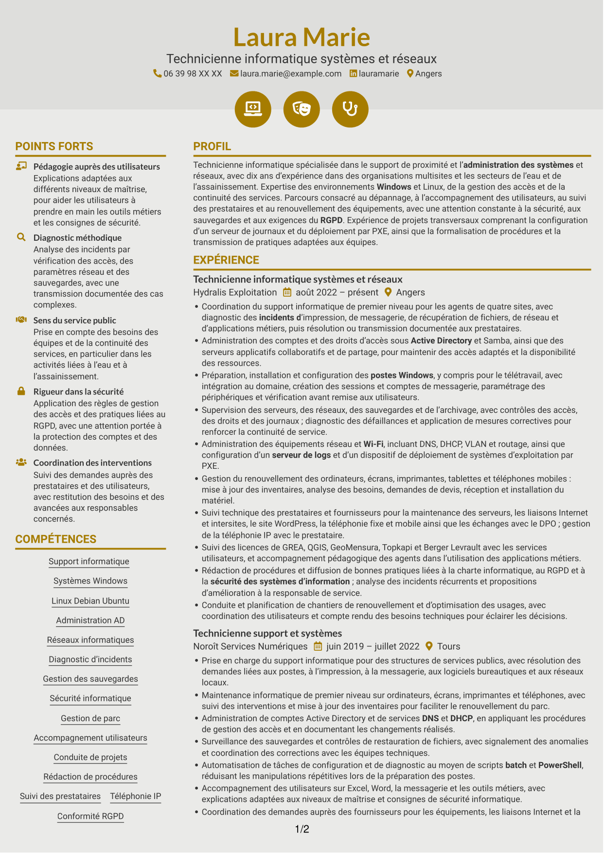 CV Dynamique (format à deux colonnes avec icônes) : Technicien informatique - Support systèmes et réseaux, page 1