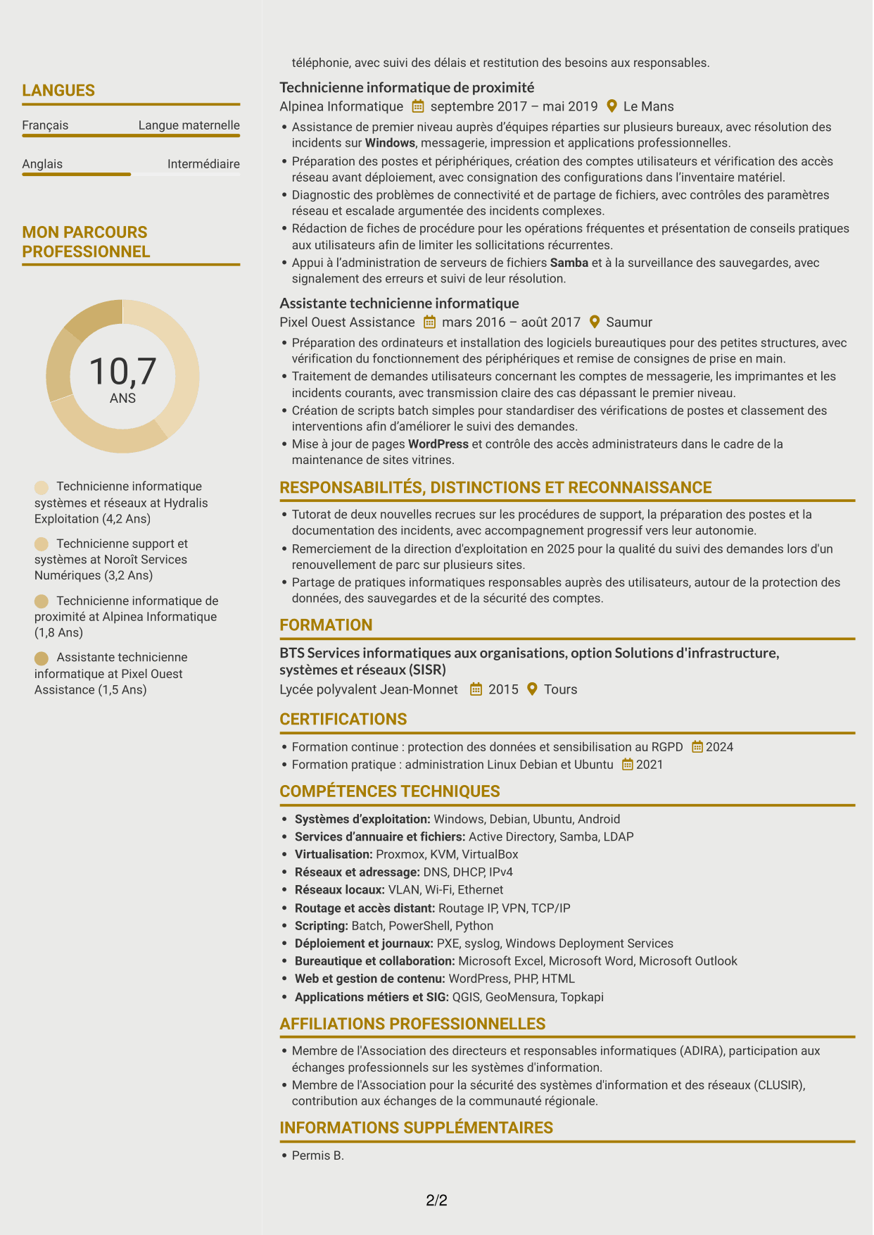 CV Dynamique (format à deux colonnes avec icônes) : Technicien informatique - Support systèmes et réseaux, page 2