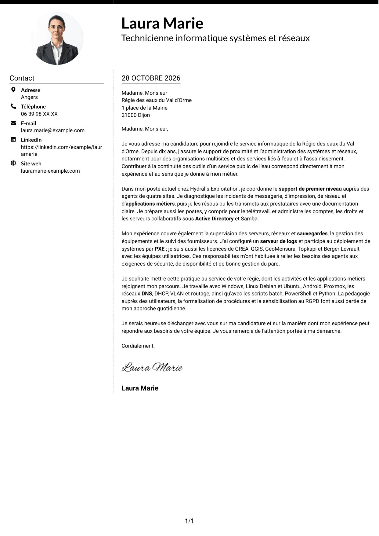 Lettre de motivation Moderne (format à deux colonnes avec photo à gauche et séparateur) : Technicien informatique - Support systèmes et réseaux, page 1