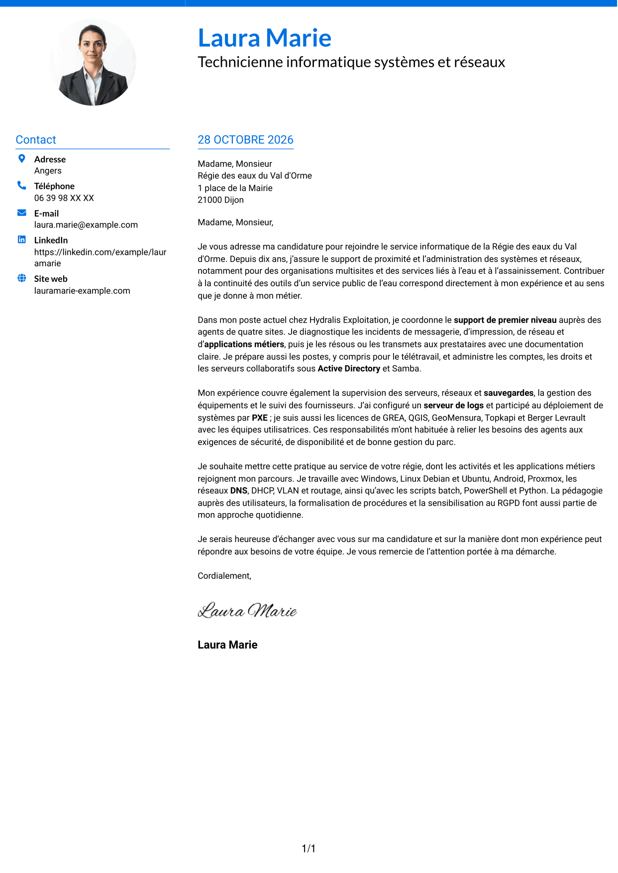 Lettre de motivation Audacieux (format à deux colonnes avec accents colorés et photo) : Technicien informatique - Support systèmes et réseaux, page 1