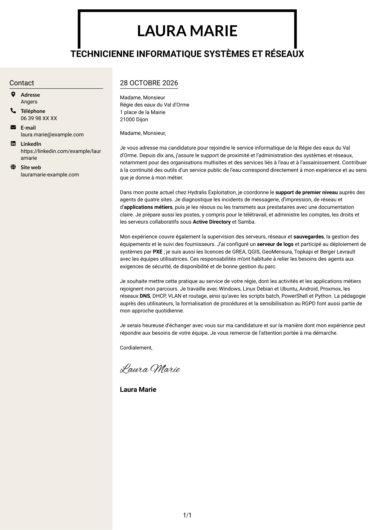 Lettre de motivation Fonceur (format à deux colonnes avec en-tête centré sans photo) : Technicien informatique - Support systèmes et réseaux, page 1