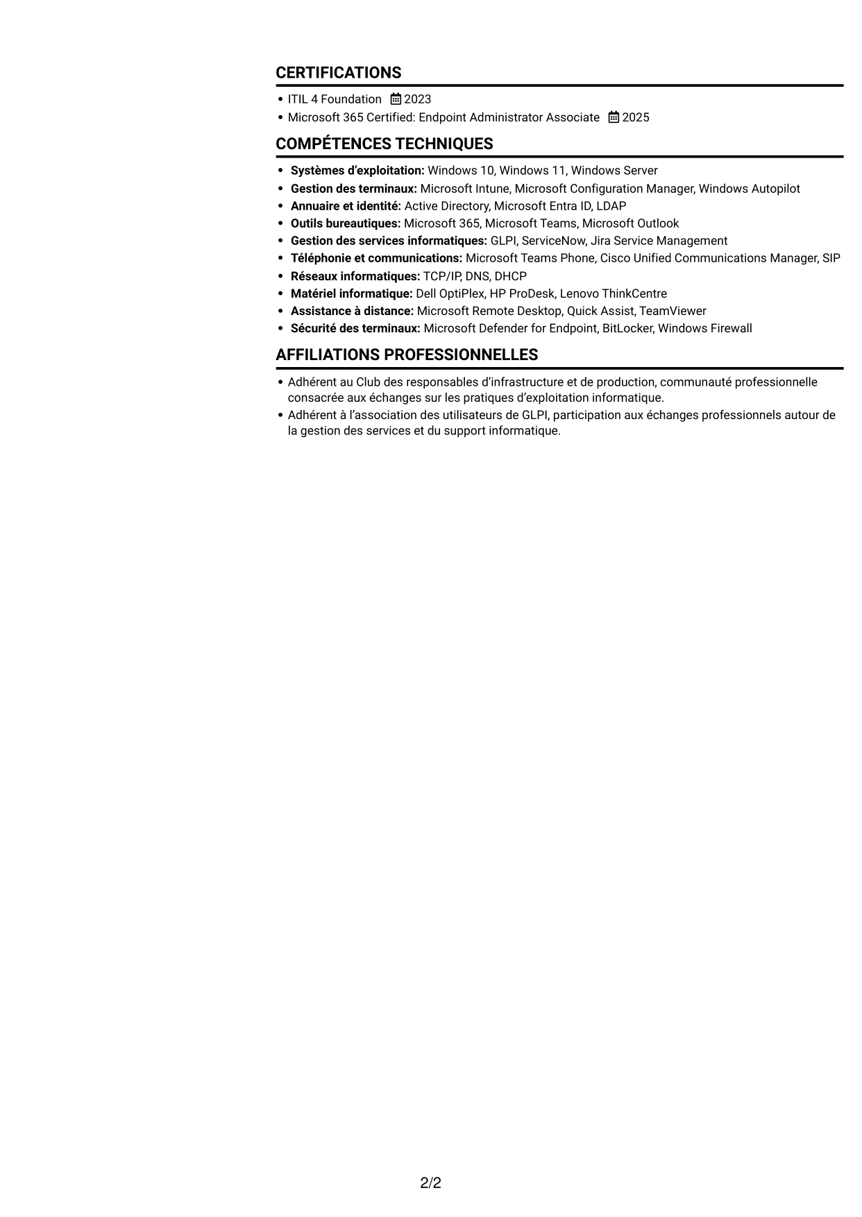 CV Compact (format sobre à deux colonnes avec photo) : Technicien infrastructure informatique - Support utilisateurs et téléphonie, page 2